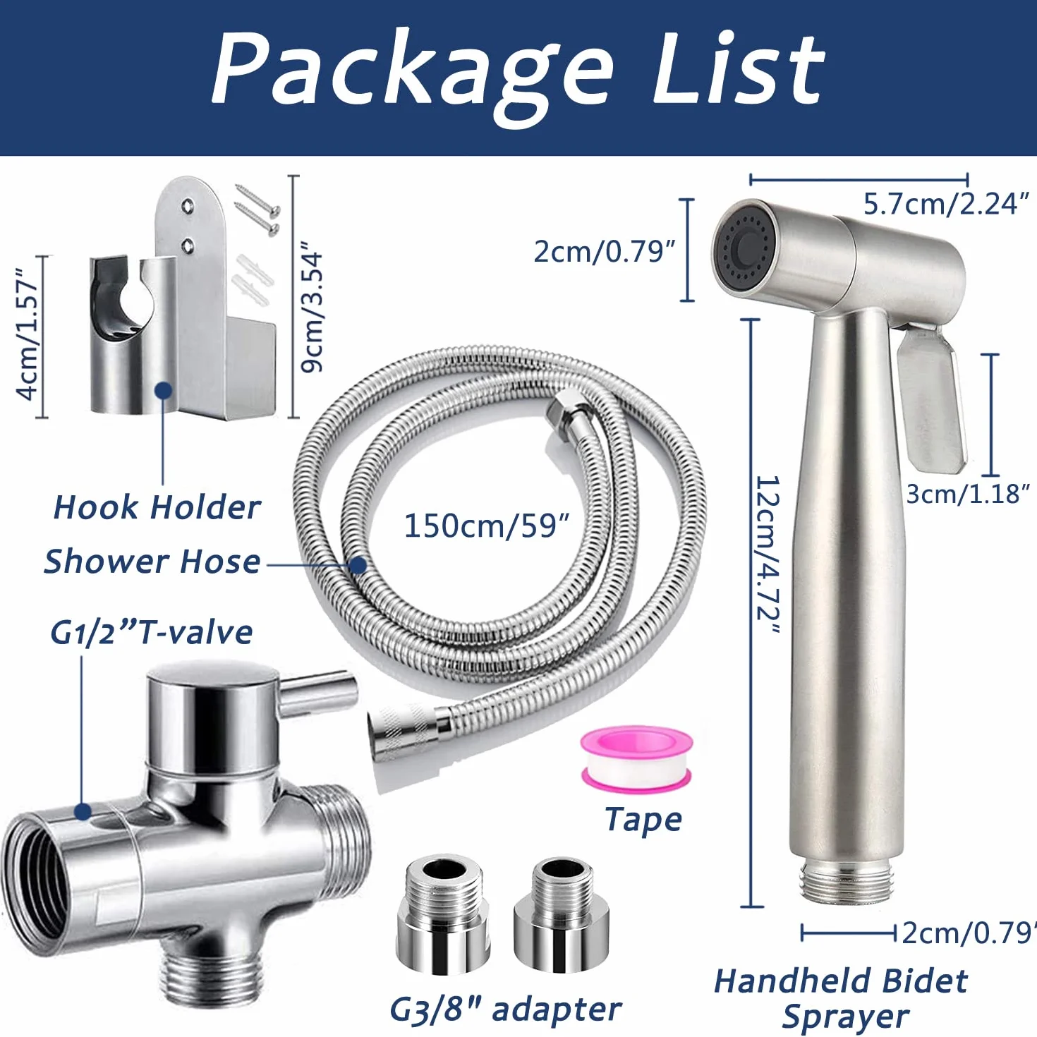 Vaporisateur de Toilette Douchette à Main Bidet en Acier Inoxydable - avec Vanne 3 voies (1/2"-3/8") parfait pour Hygiène personnelle, Soins de nettoyage