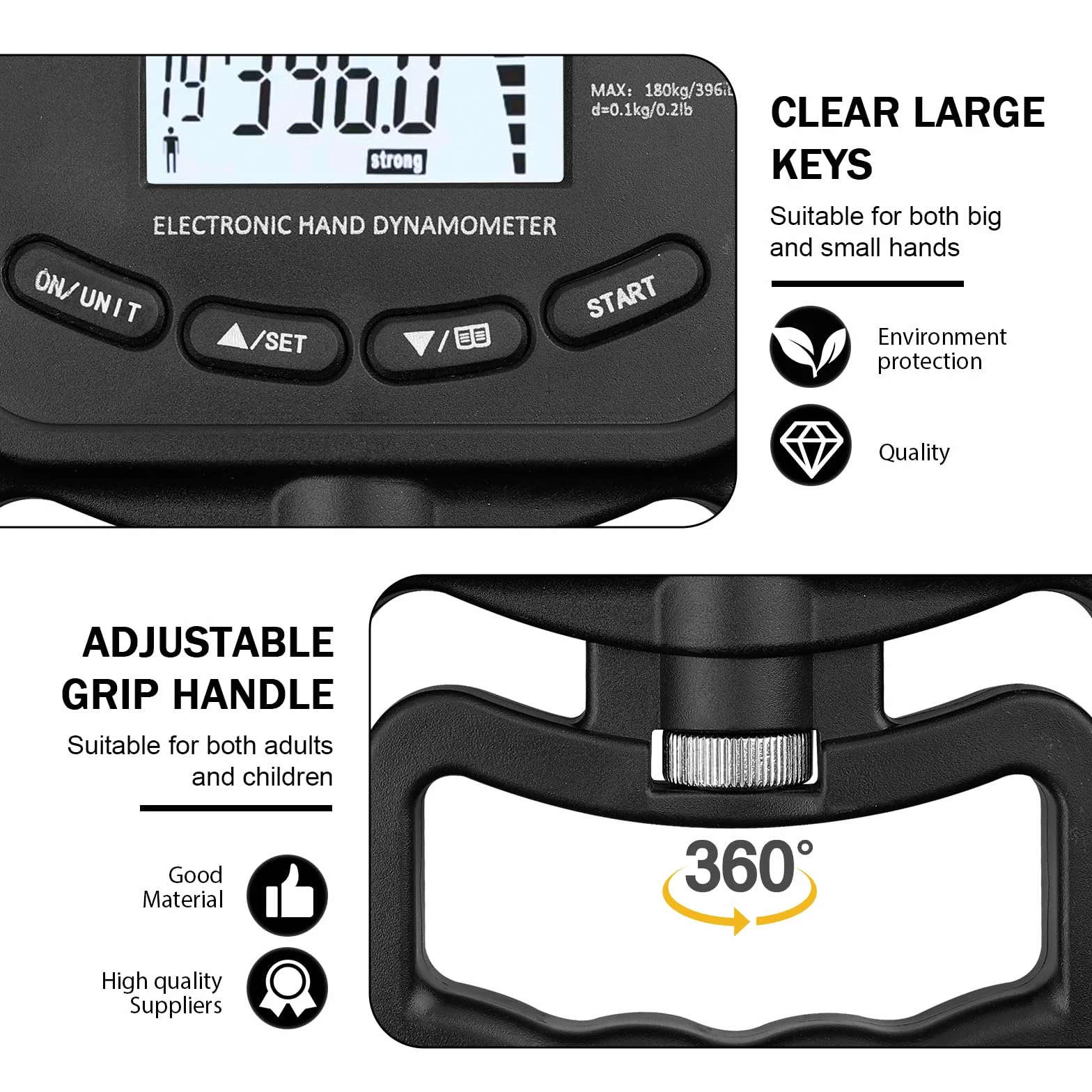 Appareil de force portatif numérique : dynamomètre manuel 180 kg, compteur de force de préhension électronique, écran LED, entraînement de force avec câble de charge USB, appareil de force de