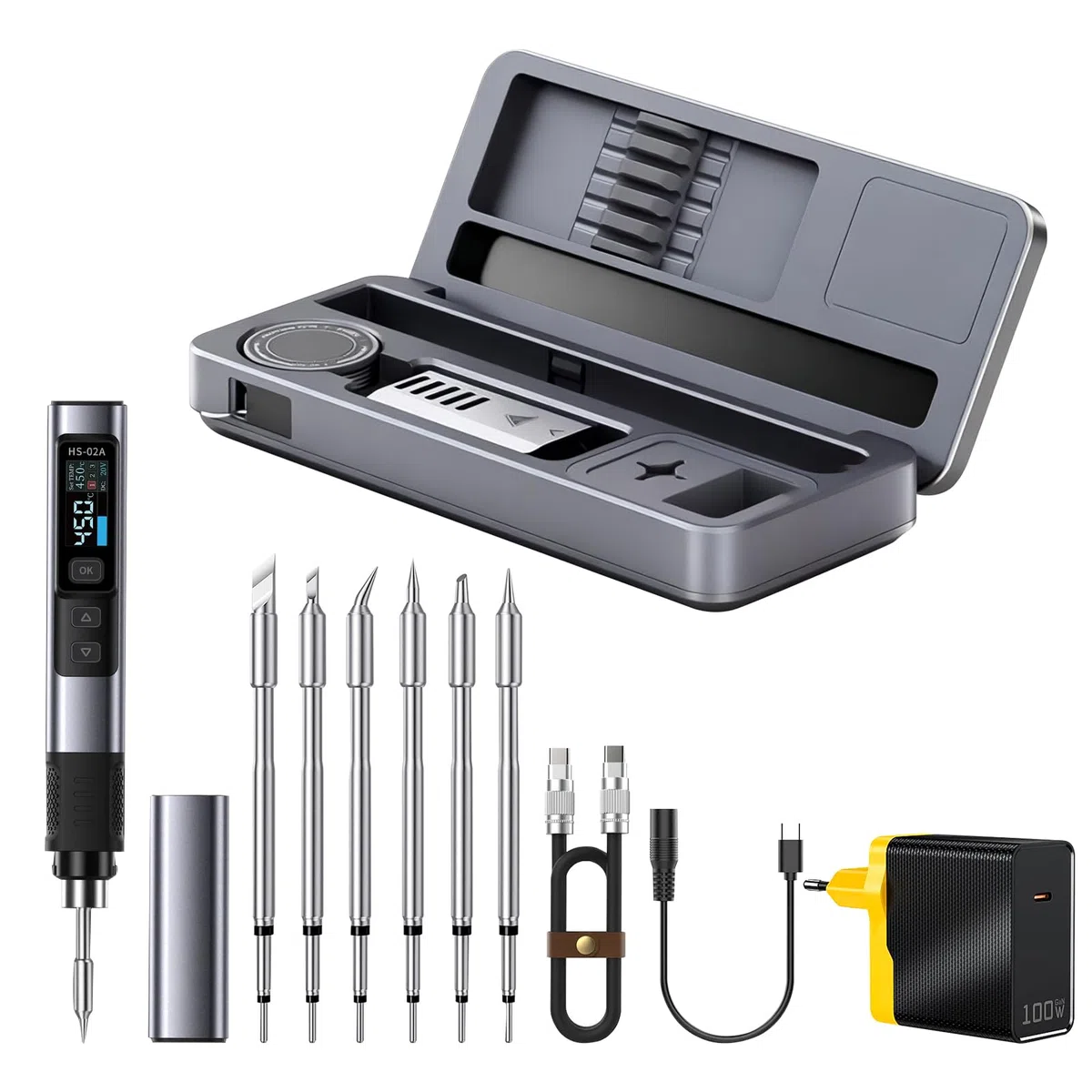 HS-02A Kit de fer à souder portable 100 W, mini-fer à souder numérique intelligent fer à souder DC/PD pour réparations électroniques chauffage rapide de 100 à 450 °C (6 pointes de fer à souder)