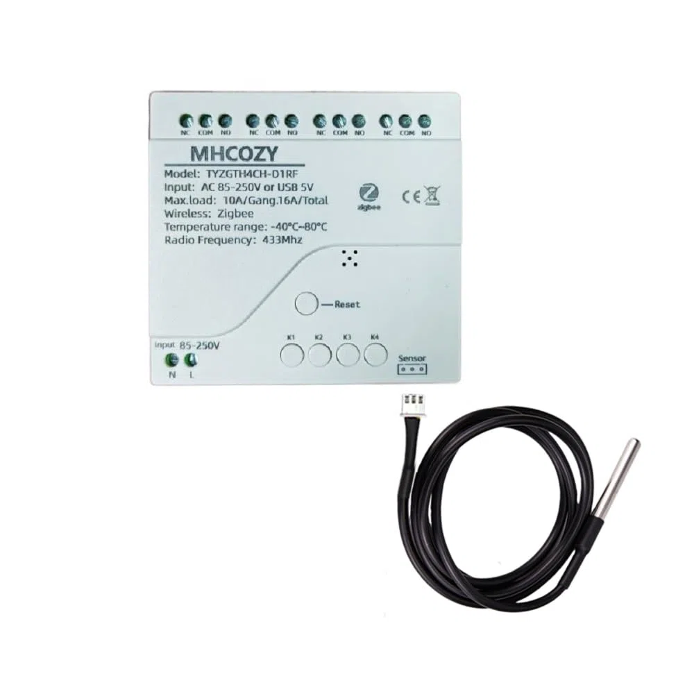 Contrôleur de température Zigbee avec sonde de température étanche, interrupteur 4 relais à contact sec, commande vocale à distance par l'application Tuya (hub Tuya Zigbee requis)