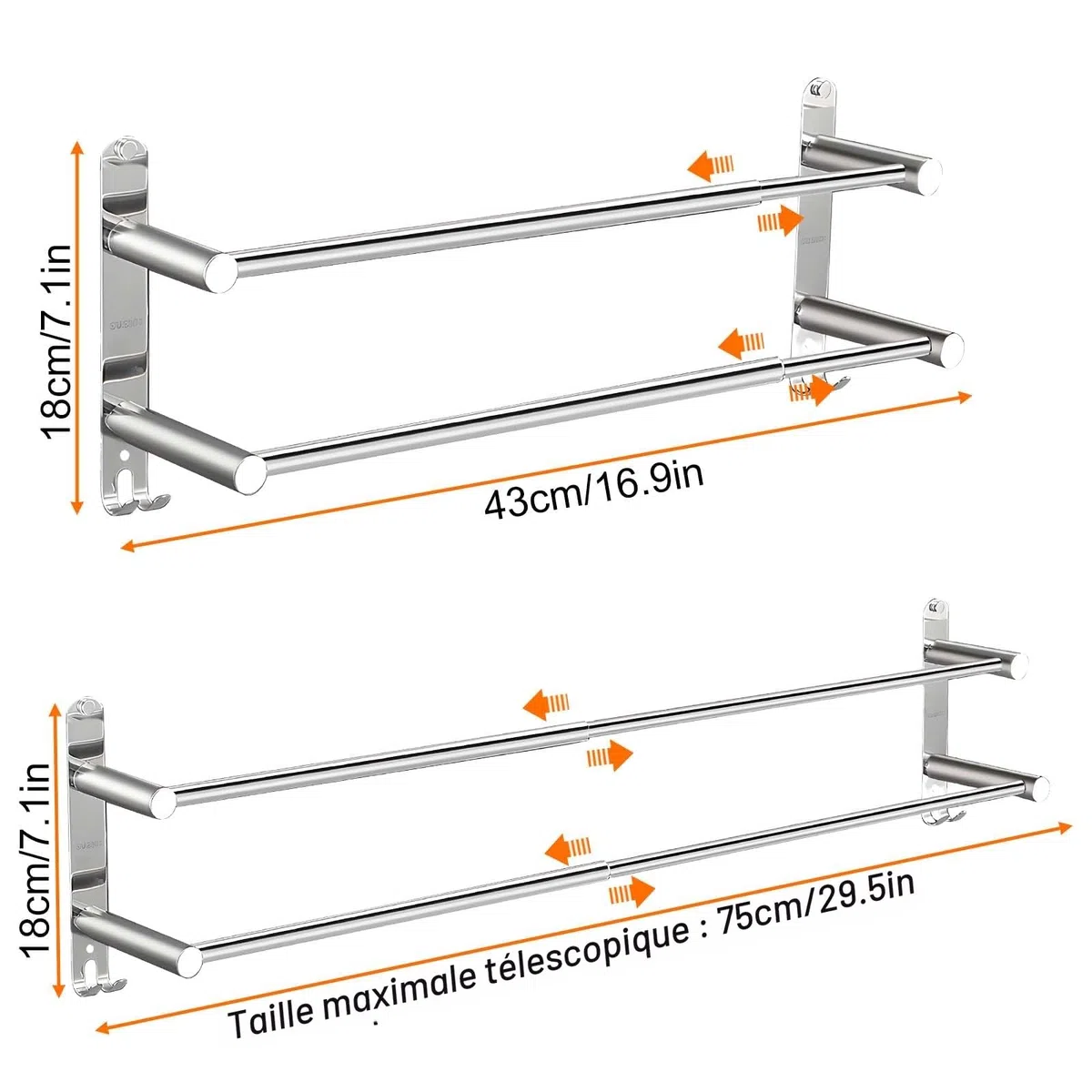 Porte Serviette Murale 2 Barres Porte-Serviettes Telescopique 43-75cm Porte Serviette en Acier Inoxydable Support Serviette Salle de Bain avec Crochets - 2 Méthodes d'Installation - Argent