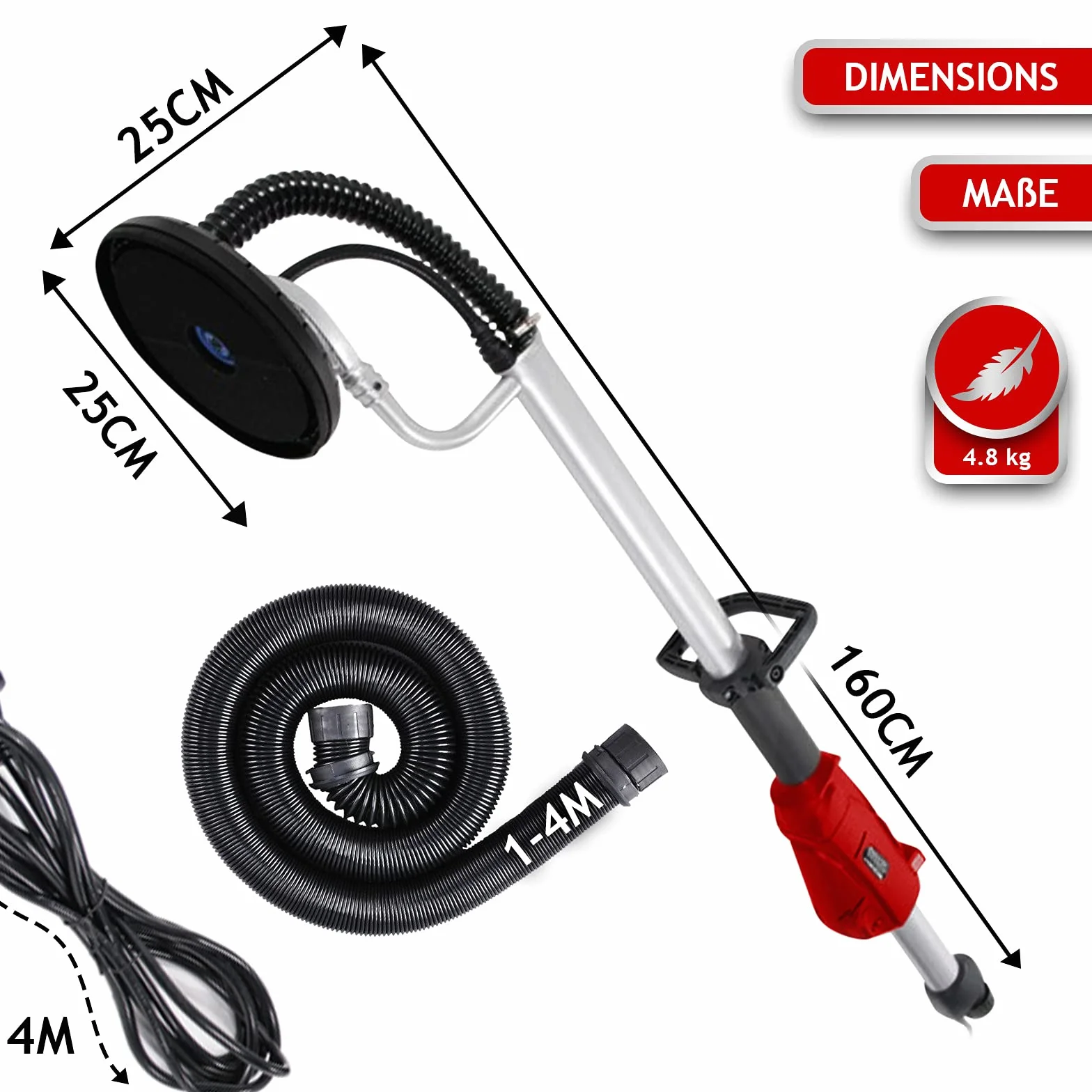 TIMBERTECH® Ponceuse Girafe - 710 W, 6 Disques de Ponçage Ø 220 mm, 1000-2100 tr/min, Noir/Rouge - Ponceuse à Bras, Cloison Sèche, pour Plafond, Mur (Rouge)