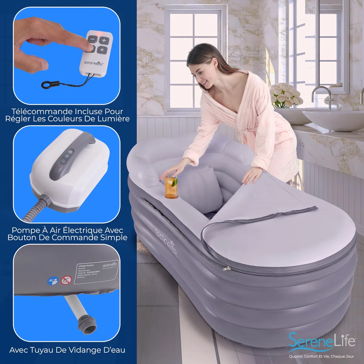 SereneLife Baignoire de Spa avec Tapis de Massage à Bulles, Baignoire Gonflable avec Coussin, Porte-Gobelet, Télécommande pour Éclairage LED, Dossier et Accoudoirs, Convient jusqu'à 86 kg