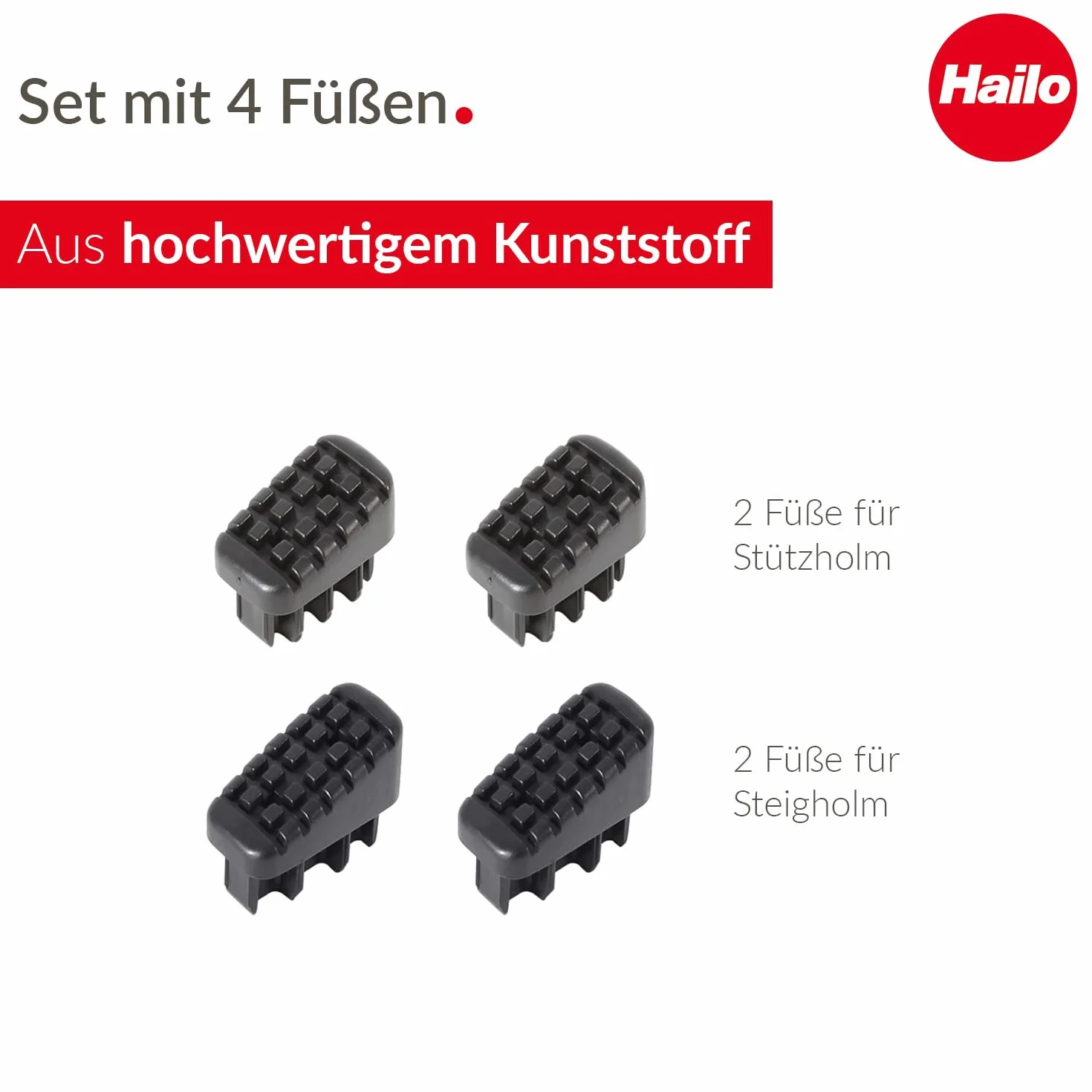 Hailo Lot de 4 pieds d'échelle - Pieds de rechange pour échelles ménagères Hailo telles que L20, L40 BasicLine et L50, L60 StandardLine - 43 x 20 et 35 x 20 mm, noir
