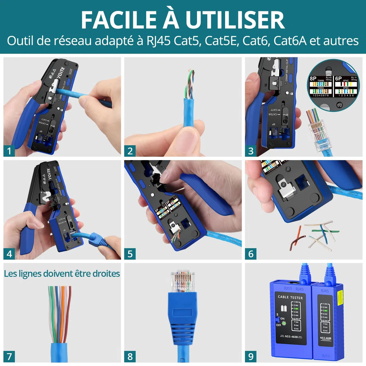 RJ45 Pince à Sertir Kit d'Outils de Sertissage RJ45 Réseau avec 50Pcs Connecteur RJ45 pour Câble Droit CAT6 et Nid de Sertissage 8P pour Connecteur Réseau CAT5/CAT5E/CAT6/CAT6A/CAT7/CAT7A