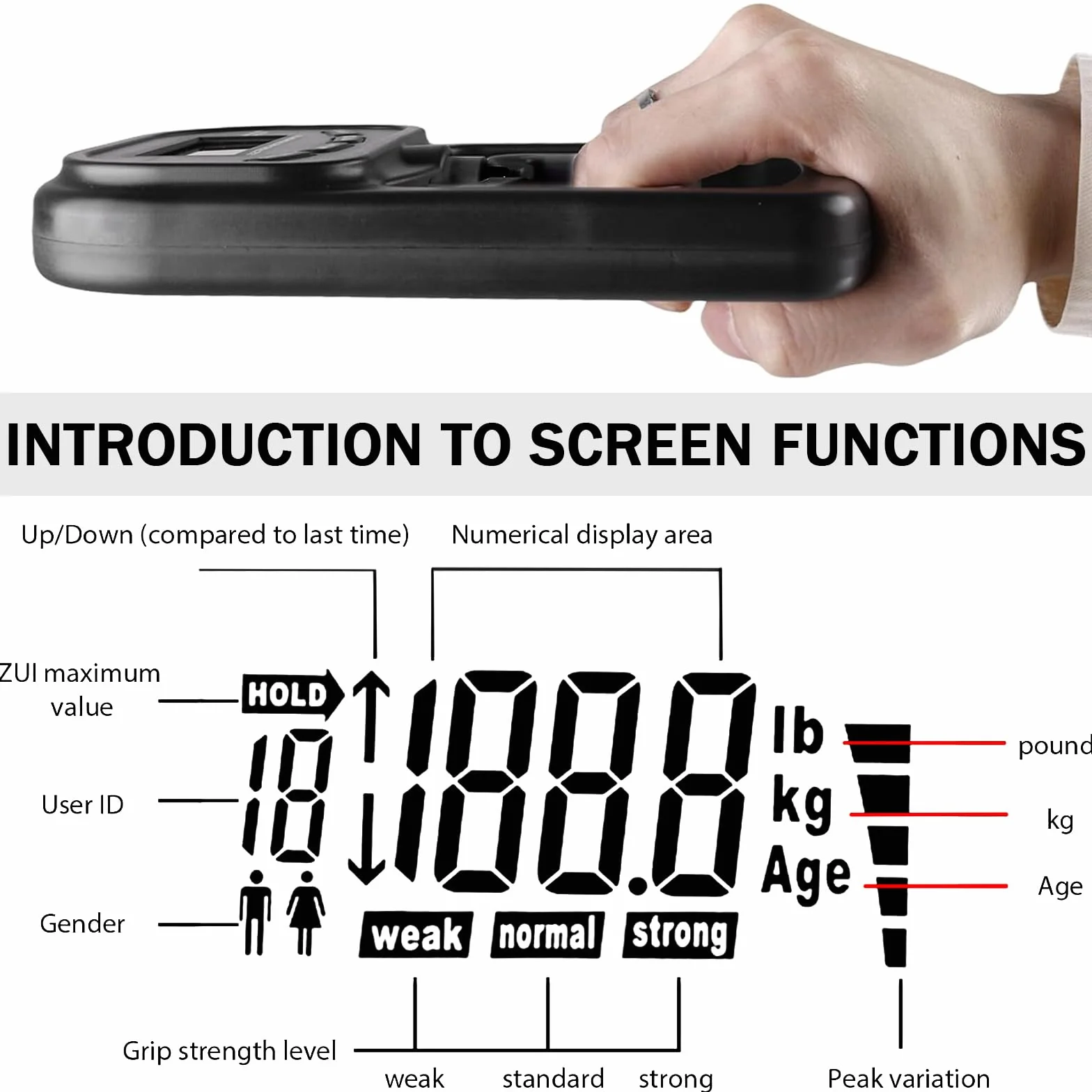 Appareil de force portatif numérique : dynamomètre manuel 180 kg, compteur de force de préhension électronique, écran LED, entraînement de force avec câble de charge USB, appareil de force de