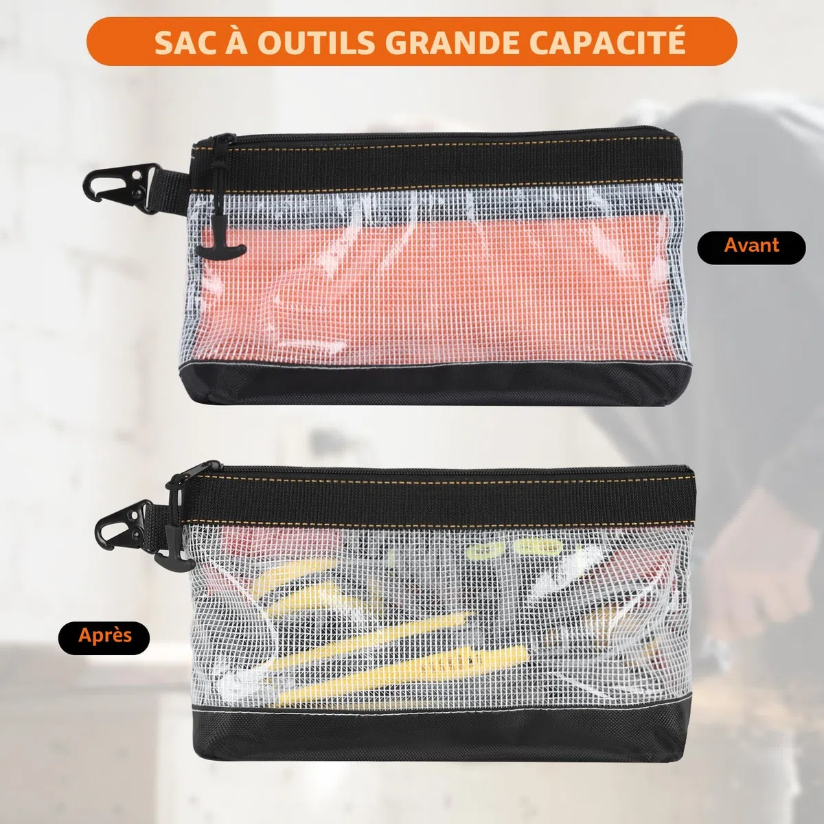 FRETONBA Pochette Zippée, 4 Pièces Sac a Outils Matériau Pvc Transparent, Rangement Outils Étanche Et Antistatique, Trousse Outils Crochet En Métal, Sacoche Outils Avec Fermeture Éclair