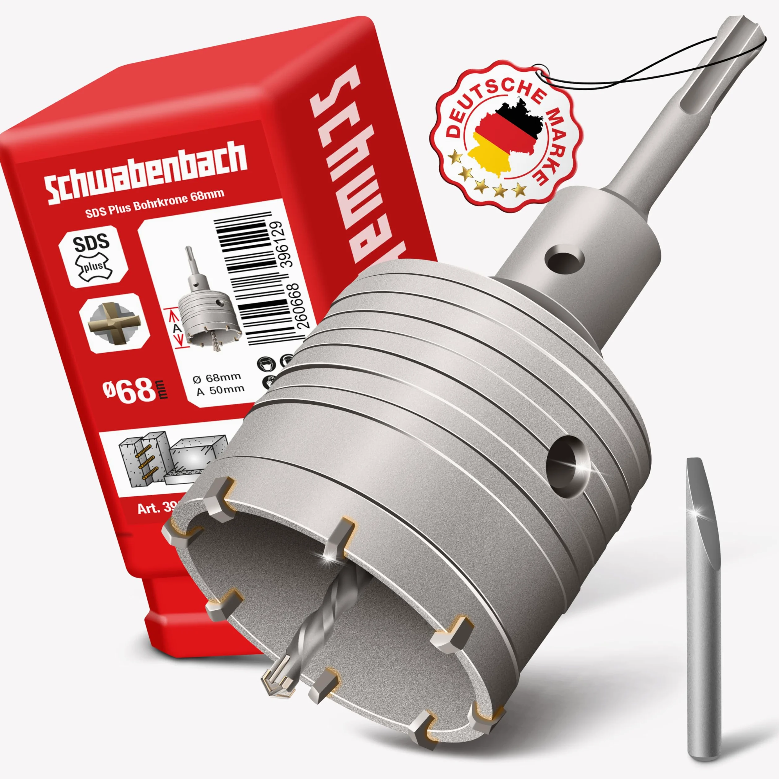 SCHWABENBACH® Scie Cloche Béton SDS Plus Ø68 mm | Scie Cloche 68mm avec Foret de Centrage - Trépan Béton M22 en Acier CR40 avec Dents en Carbure - Foret SDS - Foret SDS Plus