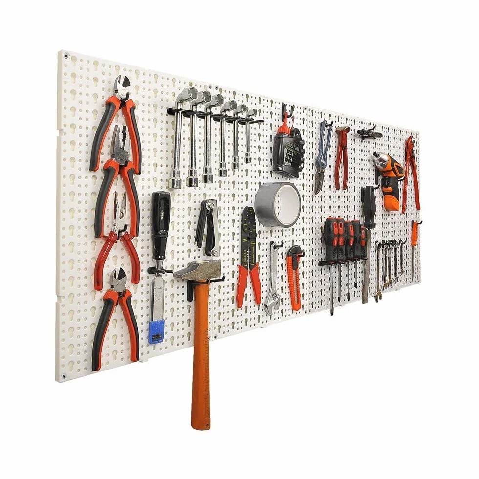 Lot de 2, Panneau Porte Outils, 25 x 30 cm/Paneau - 20 Crochets Panneaux Perforés, Inclus - Panneau Mural Outils Garage, en PVC - Rangement Outils, Atellier de Bricolage