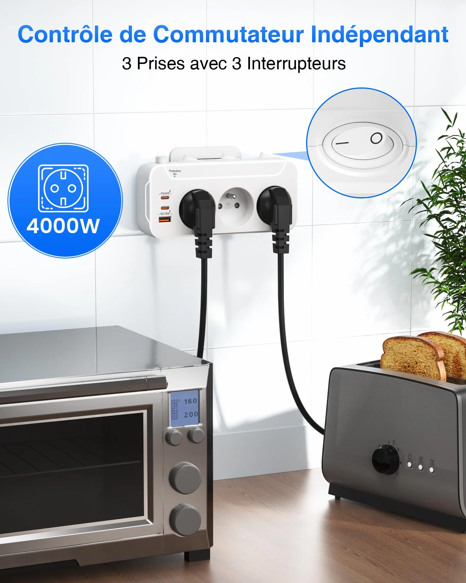 Prise Multiple USB C,Multiprise Murale 3 Prises Française avec Charge PD20W | Multiprise Parafoudre et Surtension,Interrupteur Individuel,Triplite Electrique Prise Rotative Horizontale et Verticale,Blanc
