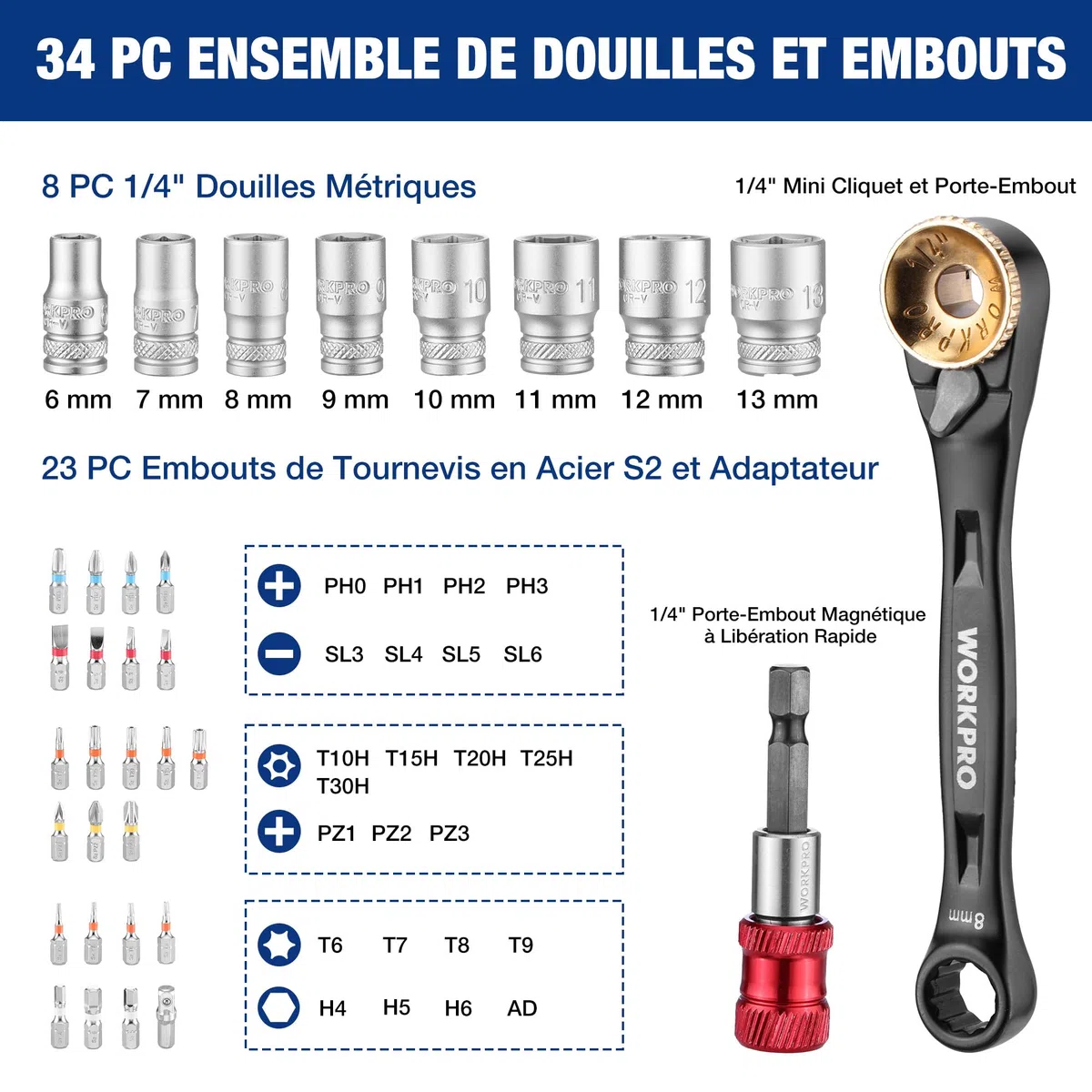 WORKPRO Coffret Douilles et Embouts 34 Pièces, Mini Clé à Cliquet 1/4" Double Tête 3-en-1, Embouts de Tournevis en Acier S2, Porte-Embout Magnétique et Adaptateur, Outils de Réparation pour Voitures