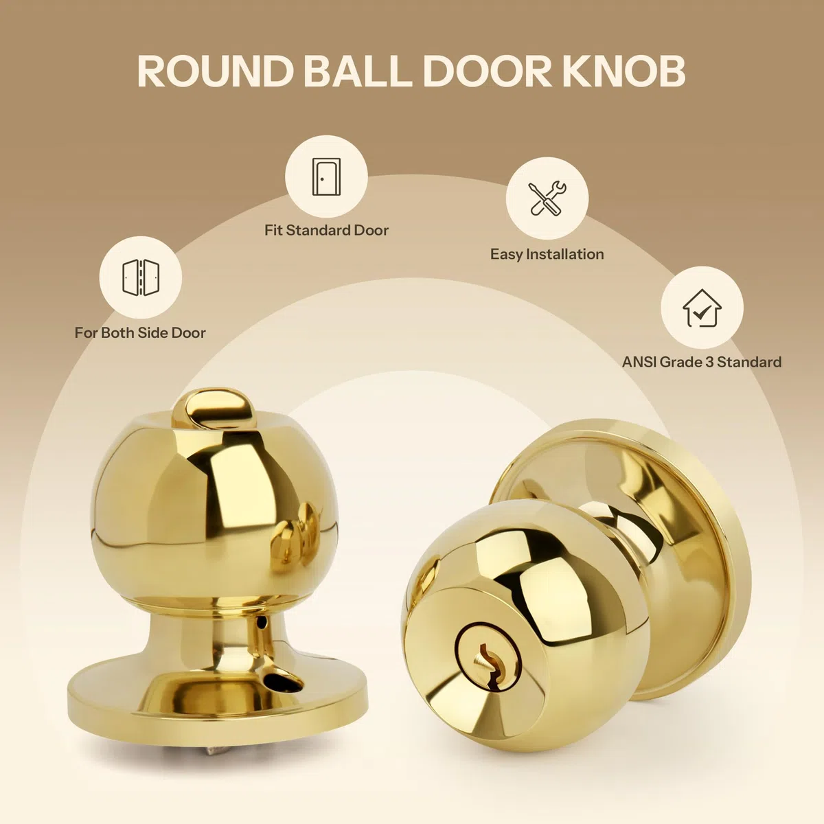 Bouton de porte en forme de boule avec clés et serrure, poignée de porte d'entrée à clé ronde pour portes d'entrée/d'entrée, finition laiton poli