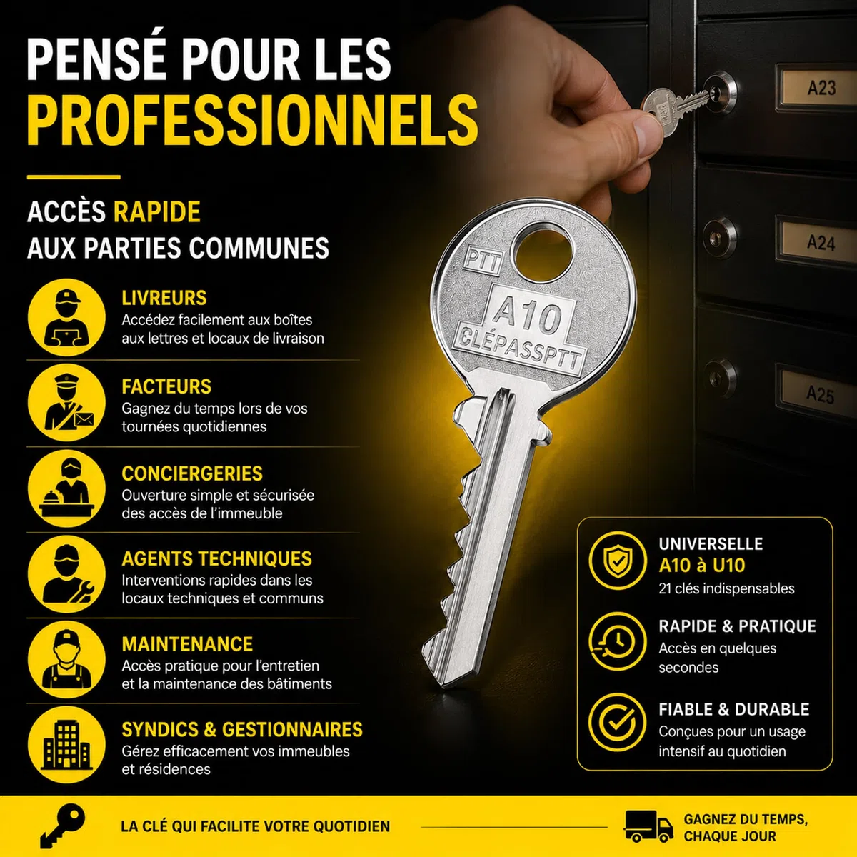 TROUSSEAU COMPLET DE LIVREUR 21 CLÉ PASS PTT UNIVERSELLE | POUR SERRURES DE BOÎTES AUX LETTRES ET PORTES D’IMMEUBLES | CLÉ PASSE PARTOUT A10 JUSQU'À U10 | ESSENTIEL POUR LIVREURS ET FACTEURS