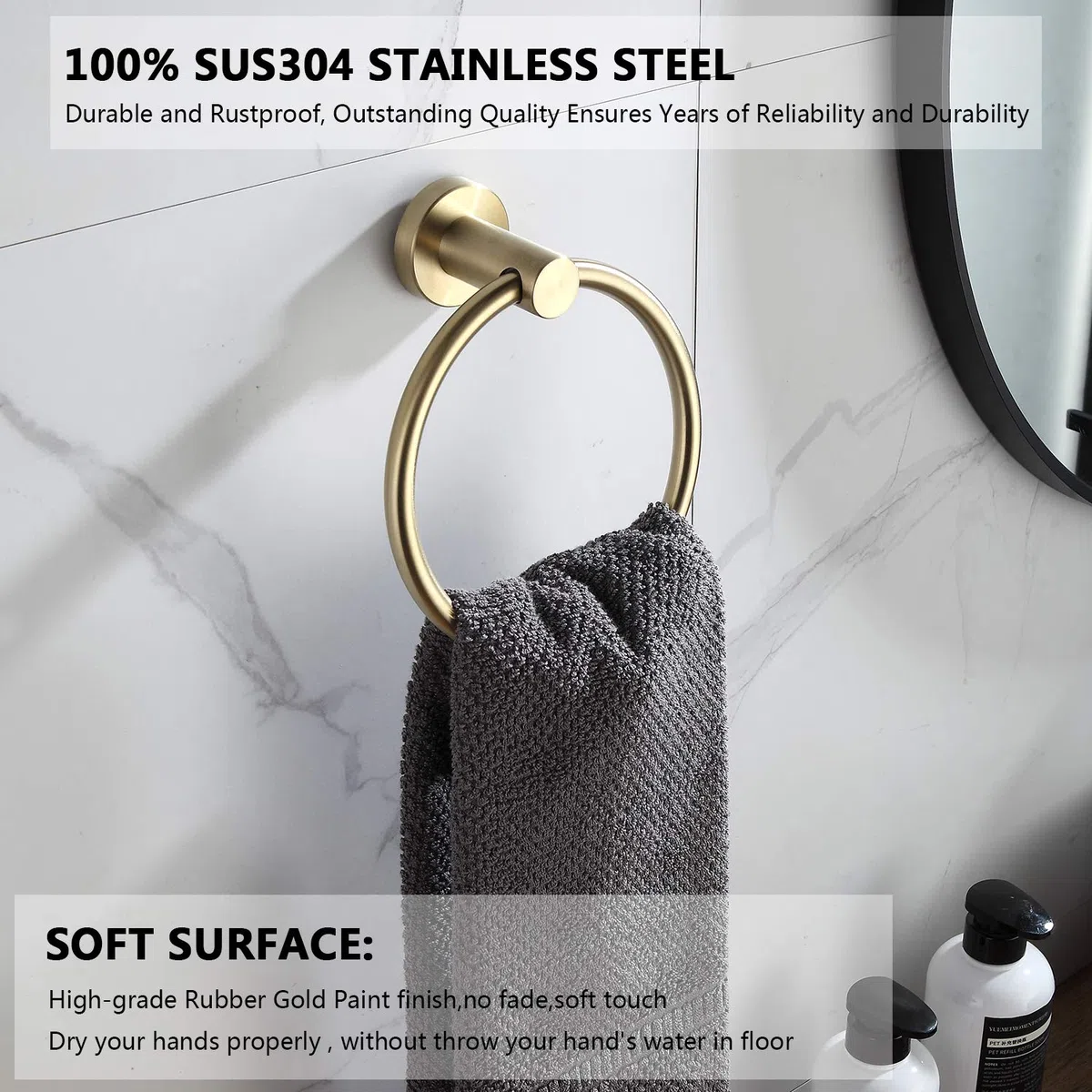BGL Towel Ring Brushed Gold Stainless Steel 304 Towel Ring Wall Mount Bathroom Towel Holder Round Towel Hanger