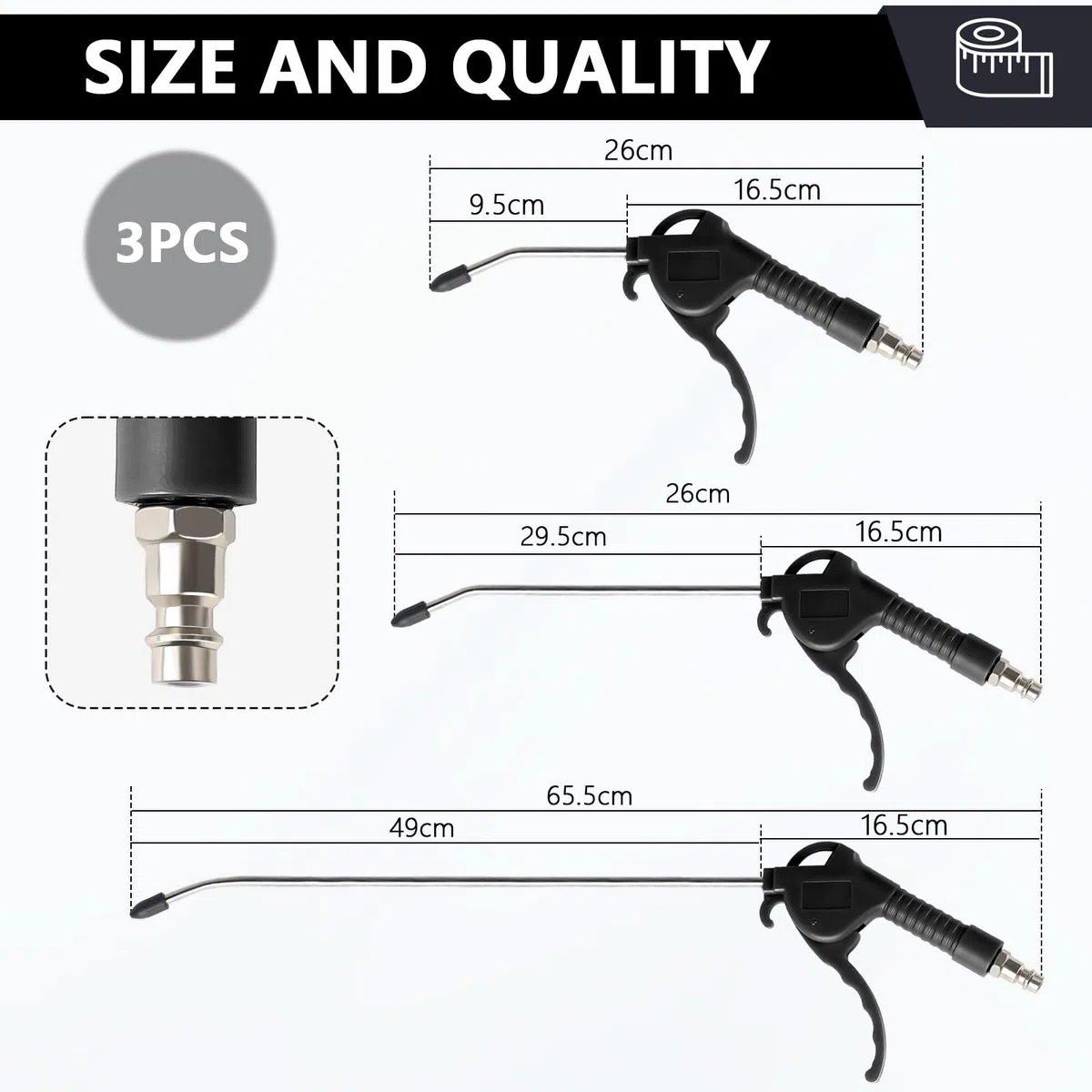 EXLECO 3 X Soufflette Air Comprimé Bec Long Soufflette Compresseur 95mm 295mm 490mm Pistolet Air Comprimé Long Pistolet Compresseur Air avec Raccord 1/4" Accessoires Compresseur D'air Max. 8 Bar Noir