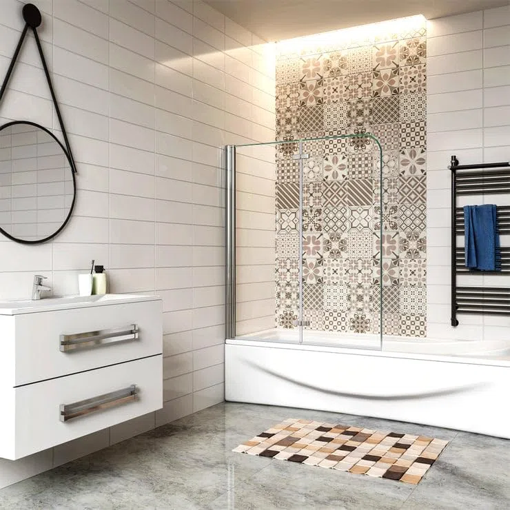 Pare-baignoire 90x140cm à 2 volets, écran de douche pivotant et pliant, paroi de baignoire en verre securit clair et anticalcaire