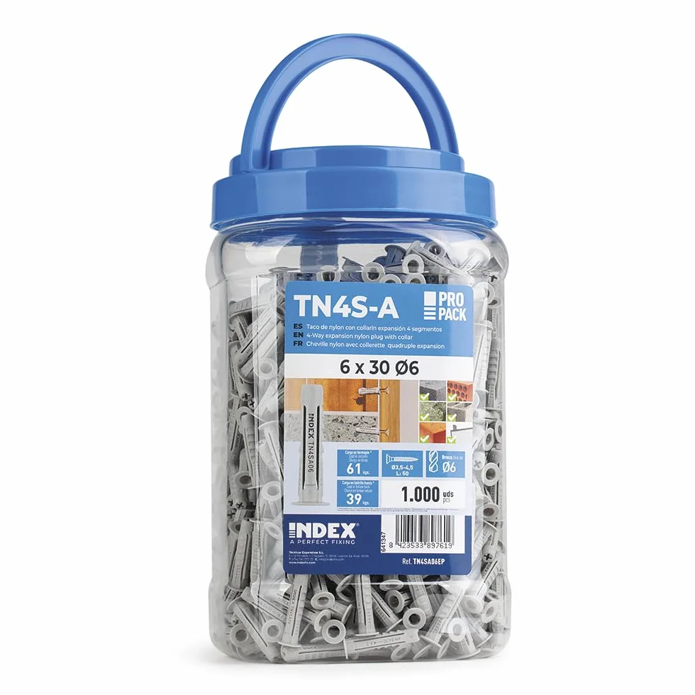 INDEX A PERFECT FIXING - TN4SA06EP [TN4S-A EP] Chevilles en nylon à 4 segments avec collier large, pour tous types de matériaux, imbattables, dimensions : 6 mm, pot de 1000 unités