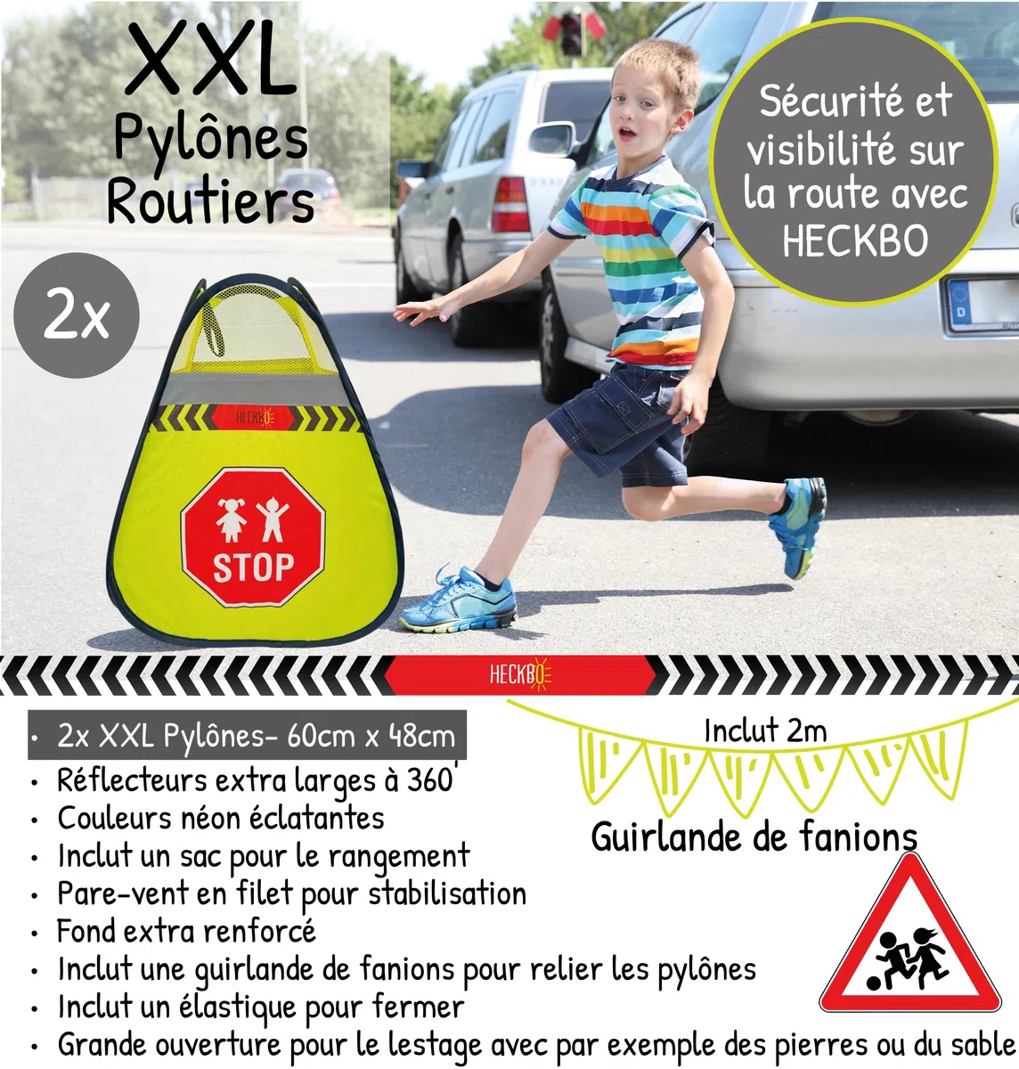 HECKBO Panneau d'avertissement de rue pour enfants - Panneau avec pylônes qui jouent et guirlande de fanions - Pylônes de sécurité - Kit pop-up de sécurité - Cône d'avertissement Street Buddy