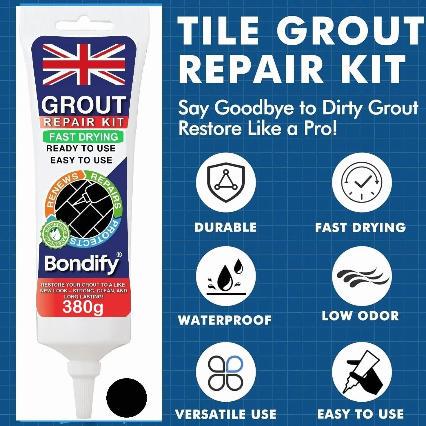 Séchage Rapide Joint Carrelage Noir Étanche, 380g x 2 Anti-Moisissure Colle Joint Carrelage Salle de Bain pour Douche, Cuisine, Grout Repair Kit Black Exterieur et Intérieur