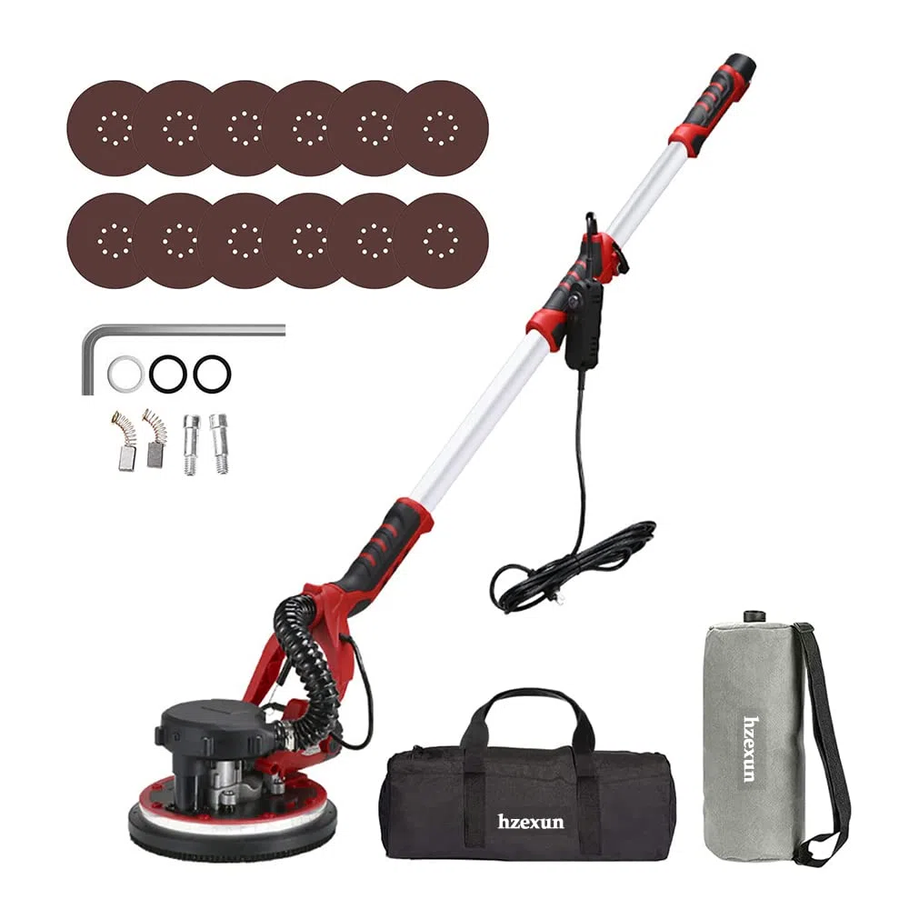 Ponceuse Murale,Ponceuse au Plafond 1390W, 5 Vitesses Réglables, Brosse Amovible, Manche télescopique 2m, 12 PCS Disque de Ponçage, Lumière LED