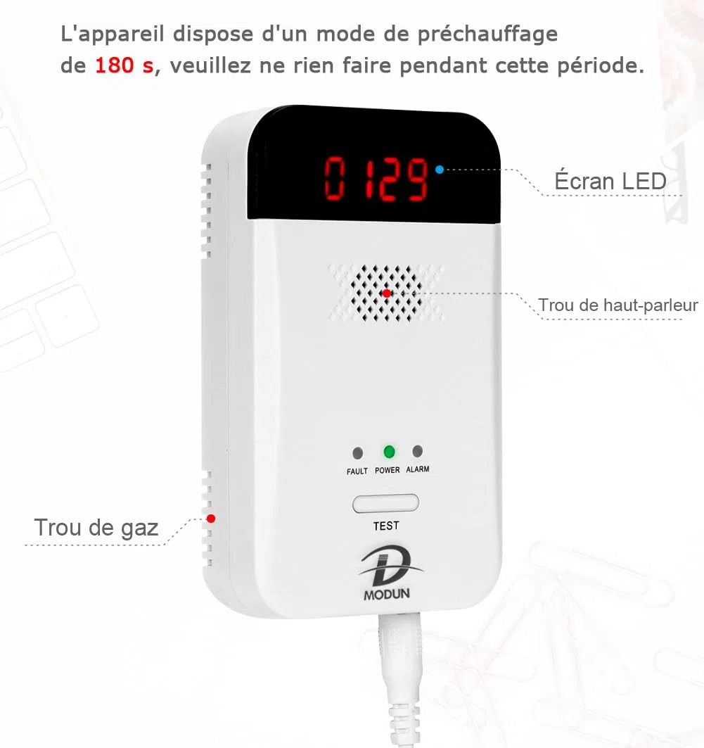 D MODUN Détecteur de gaz, Gaz naturel | GPL | Détecteur de fuite de gaz de charbon, moniteur de gaz à enfichable avec alarme sonore et affichage LED, alarme de gaz combustible méthane, propane, butane