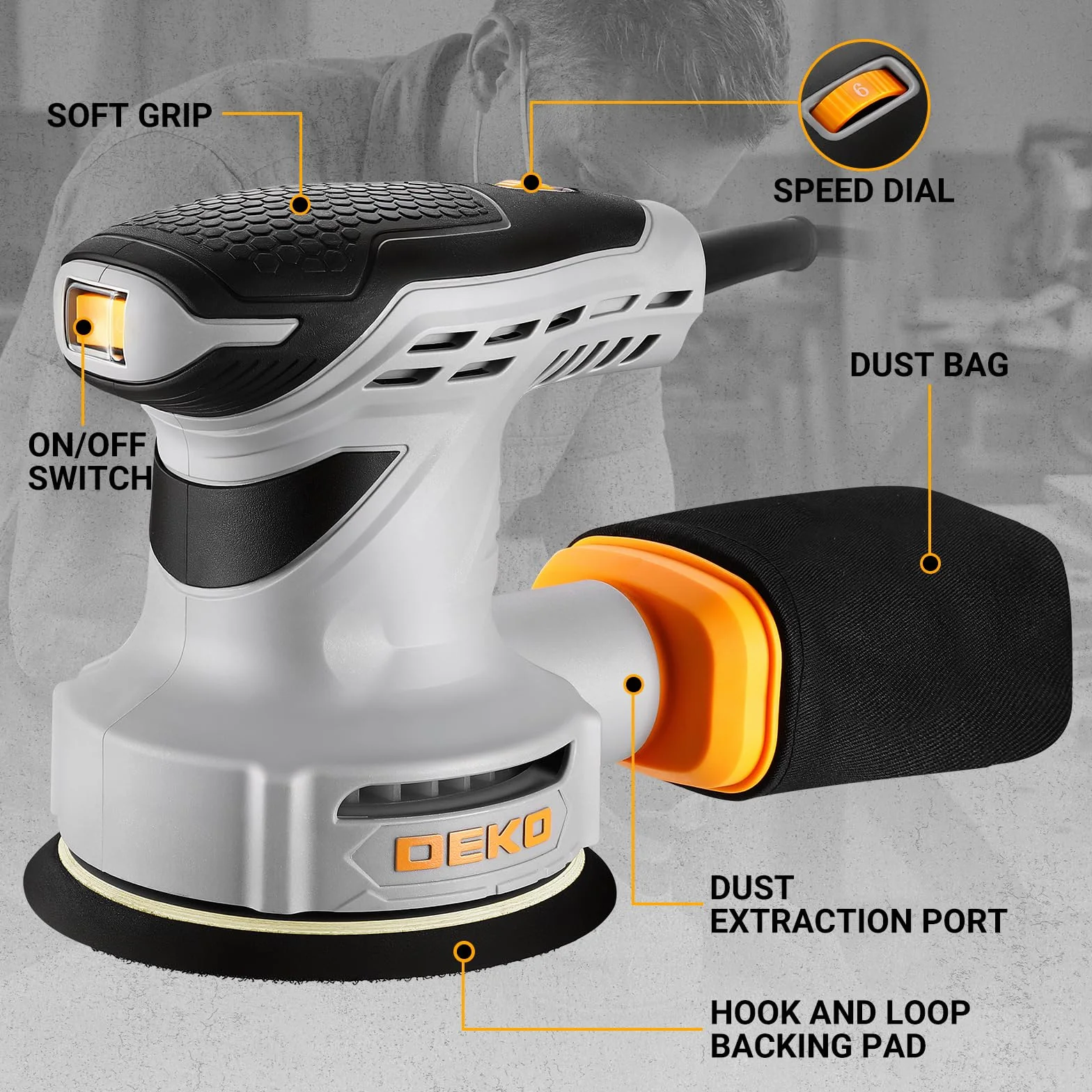 DEKOPRO Ponceuse Excentrique 300W 125mm: Ponceuse Orbitale Electrique 13000RPM, avec Auto-aspiration, Auto-agrippant Papier Abrasif 16 Pièces, pour Surfaces en Bois, Acier, Polissage de Précision