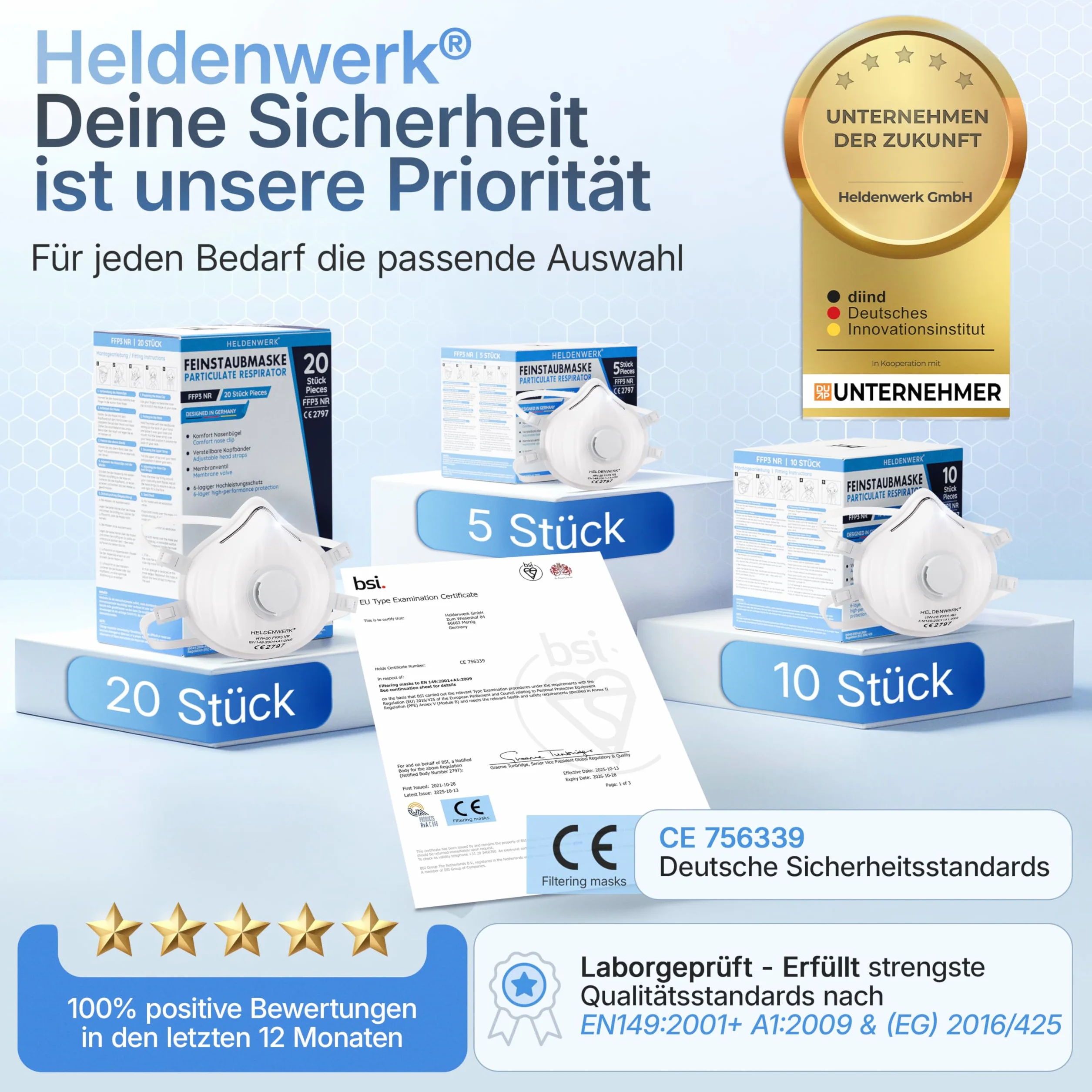 HELDENWERK FFP3 Masque avec valve – Lot de 5, 10 ou 20 – Masque respiratoire / Masque anti-poussière certifié Valve d'expiration – Masques anti-poussière avec sangle arrière réglable