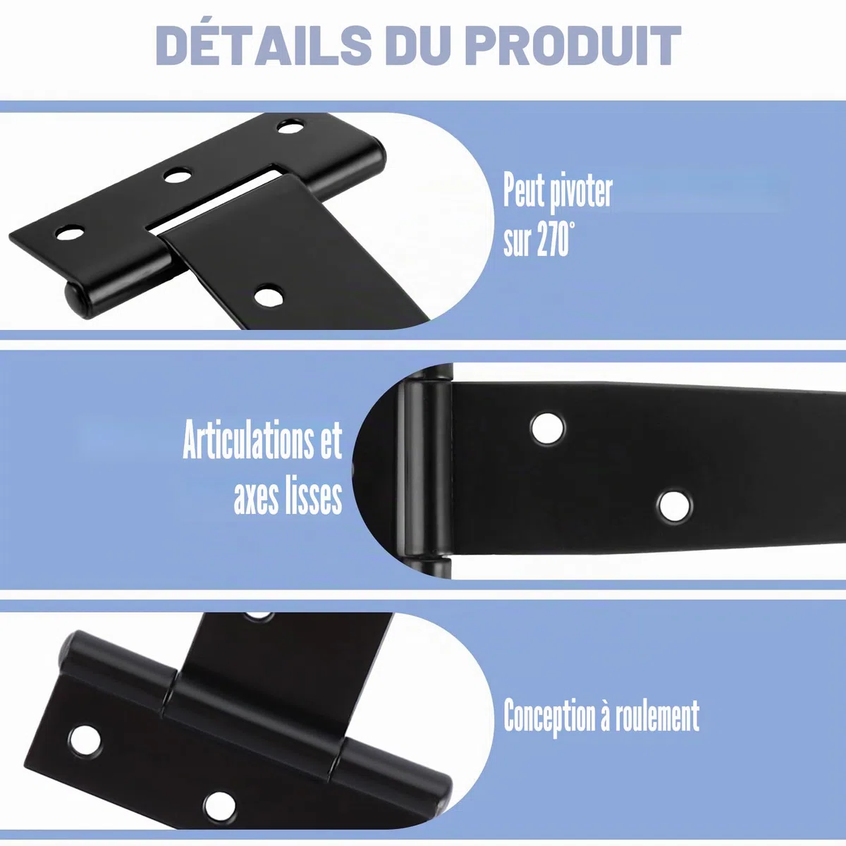 8pcs 25cm Charnières de Porte en T, Charniere Porte Lourde en Métal Galvanisé, Charnières en T Noir 10 Pouces avec Vis pour Portes de Hangar, Portes de Jardin, Fenêtres