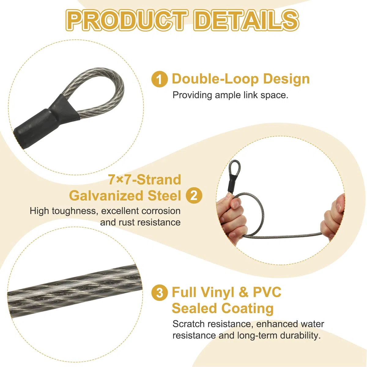 PATIKIL Câble antivol de sécurité (0,6 cm de diamètre, 9 m, gris) avec revêtement en vinyle et acier galvanisé flexible - Câble de sécurité pour bagages avec double boucles - Convient pour l'extérieur