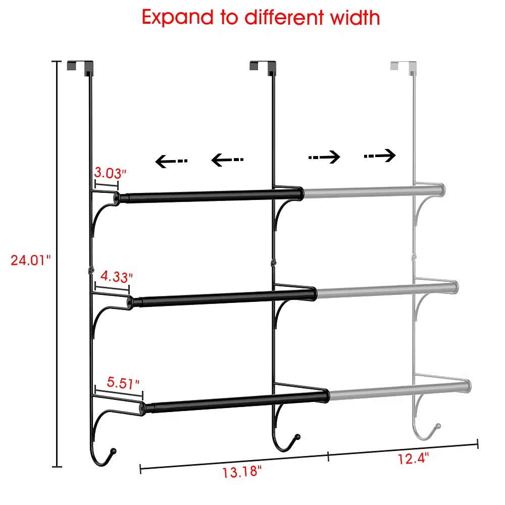 Porte-serviettes 3 couches en acier indestructible télescopique pour porte et mur - Porte-serviettes de salle de bain sans perçage - Barre pour serviettes pour salle de bain et douche, Noir