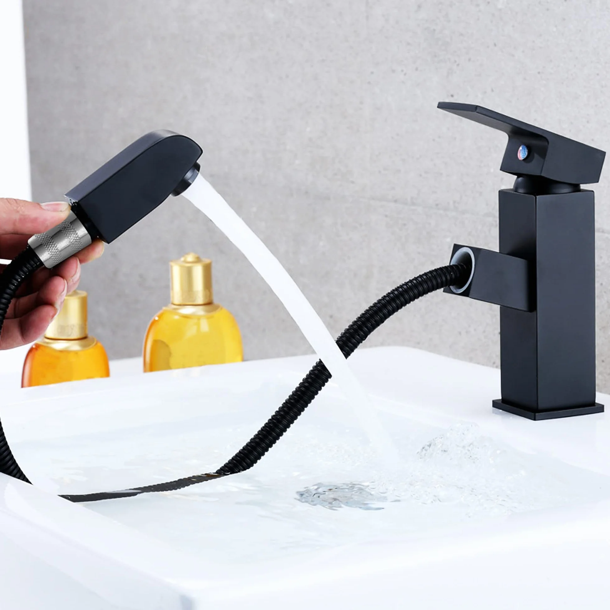 Robinet lavabo noir extensible en acier inoxydable mitigeur eau froide et chaude 2 tuyaux inclus robinet salle de bain