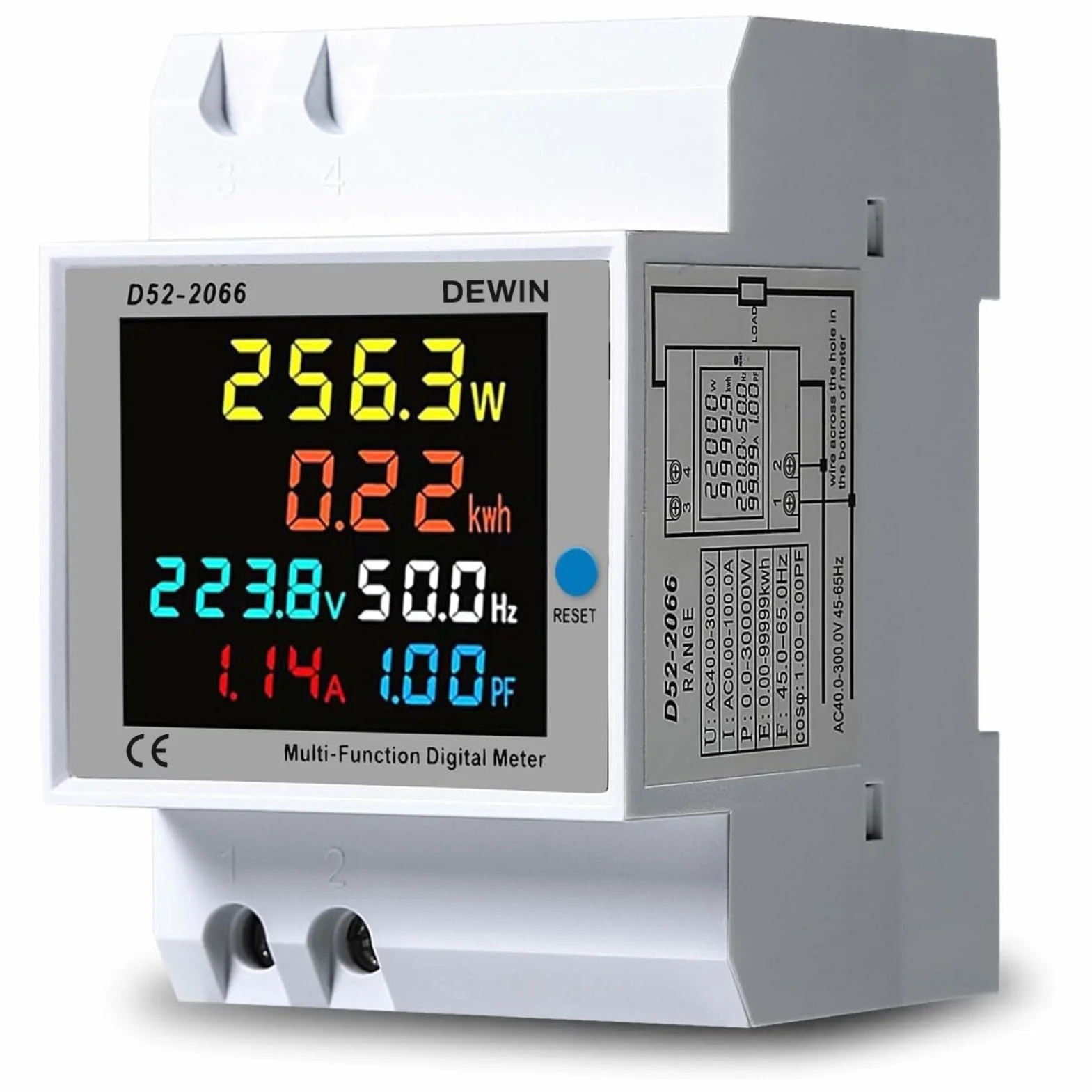 DeWin Compteur d'électricité Numérique, Compteur d'énergie Monophasé Courant Tension Puissance KWH Compteur 6 en 1 Compteur d'énergie avec écran LCD AC 40-300V 0-100A