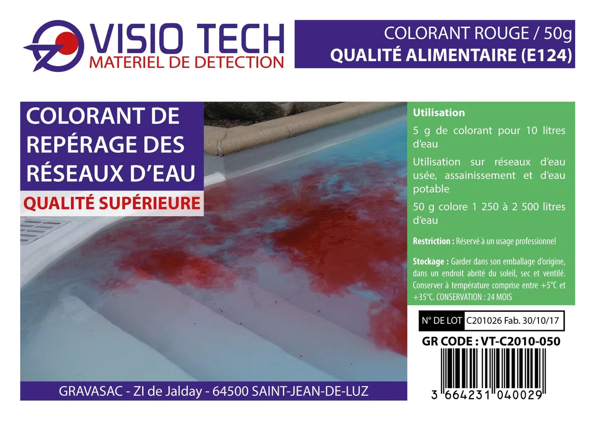 VISIO TECH – Colorant de repérage Rouge en poudre 50 g – Soluble dans l’eau – Traçage des réseaux d’eau, Recherche de fuites & Contrôles d’étanchéité – Haute visibilité