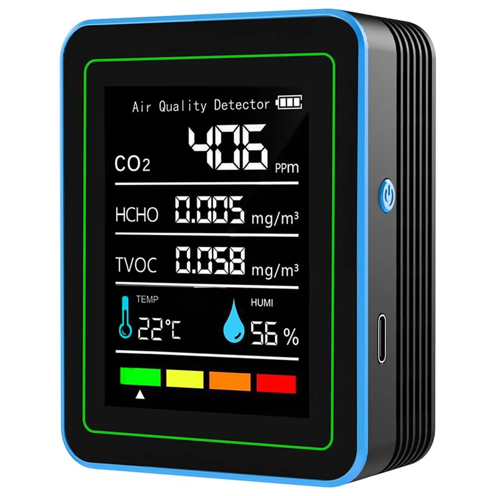 Détecteur de CO2 Moniteur de Monoxyde de Carbone, Moniteur Qualité de l'Air 5-en-1, Détecteur d'air, Charge USB, Mesure Température et Humidité, Portable, Moniteurs de Formol pour Maison