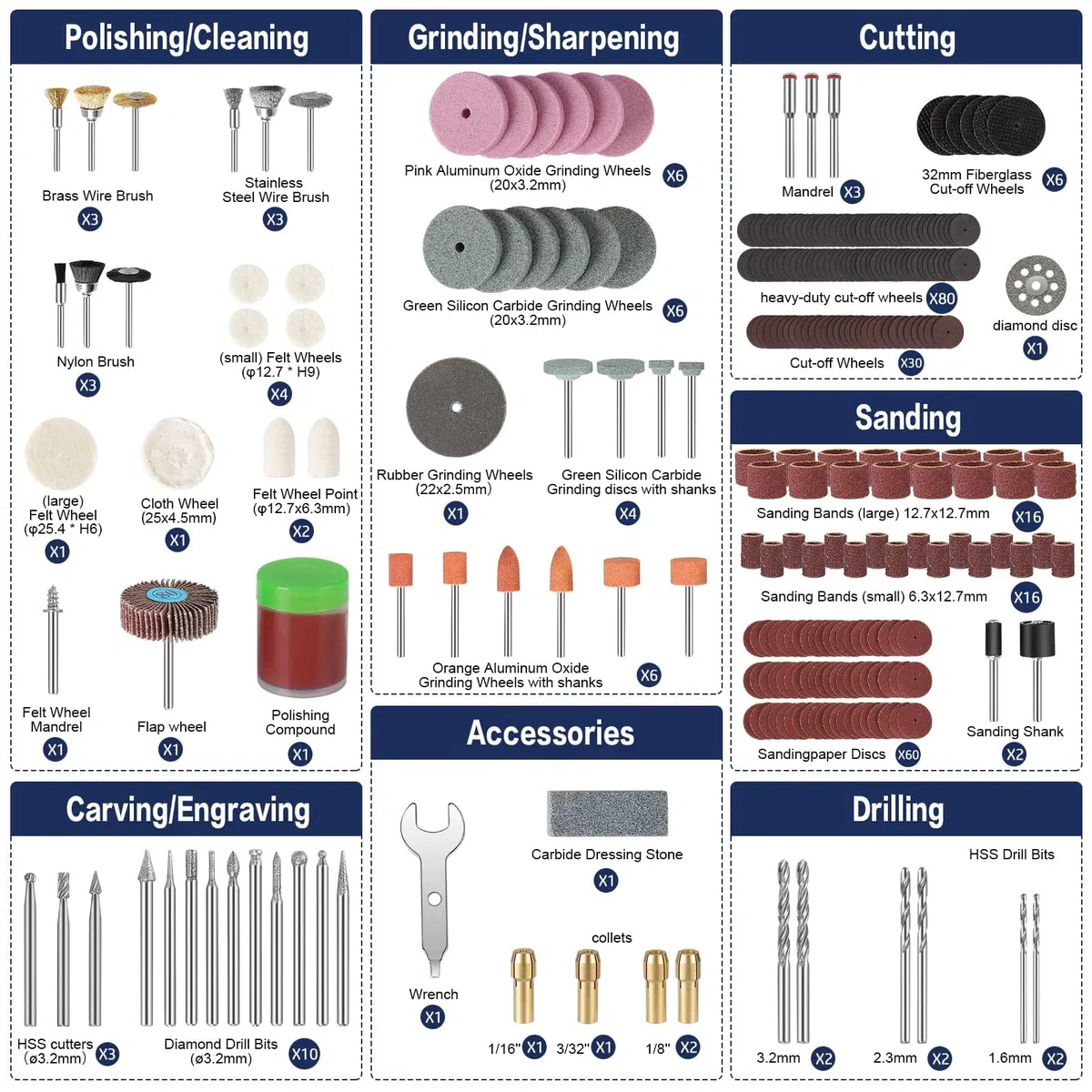 HARDELL Outils Rotatifs Multifonction Accessoires 282 Pièces, Universels 3,2 mm Mandrin pour Coupe, Ponçage, Meulage, Perçage, Gravure, Nettoyer, Polissage et élimination de la rouille