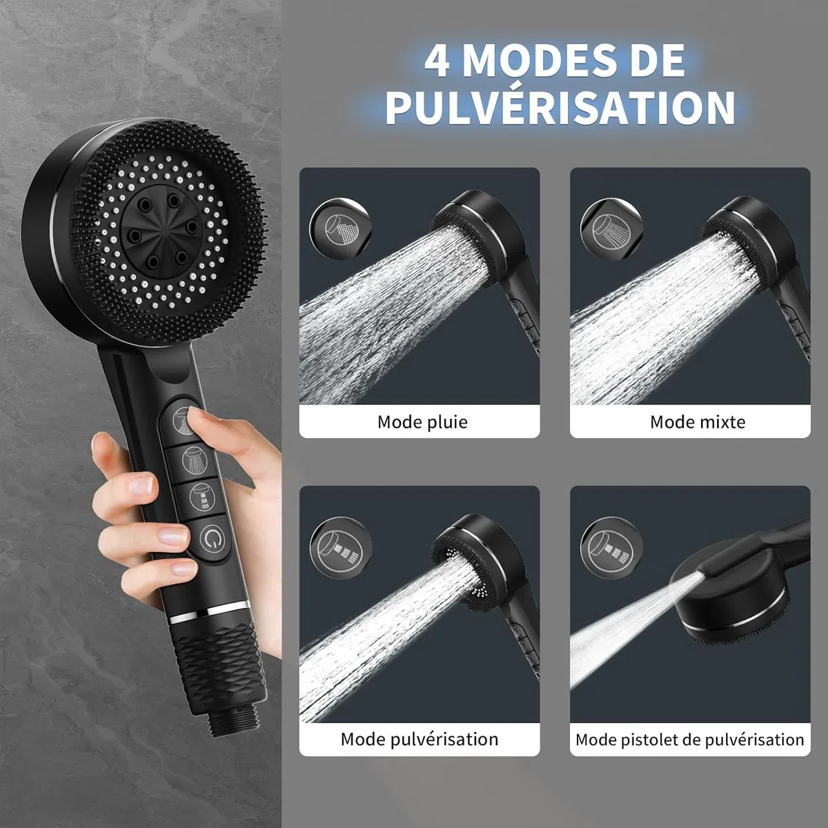 Pommeau deouche Haute Pression, Pommeau Douche Economie Deau 4 Types de Jets Pommeau de Douche Anti Calcaire avec Tuyau Douche 1.5M et Support de Douche, avec Bouton D'arrêt D'eau,Noir