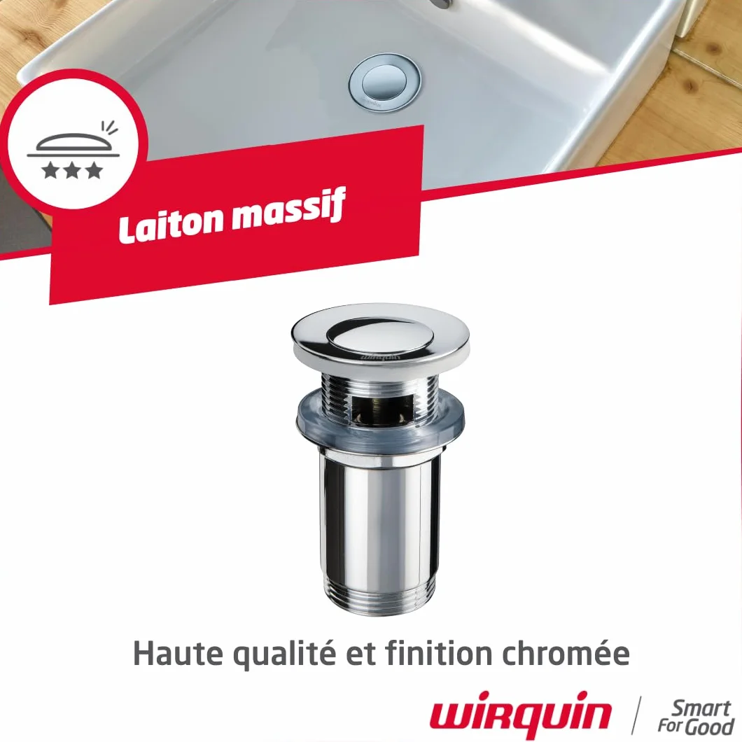 Wirquin 30723417 Bonde de lavabo laiton chromé avec système Quick-Clac avec corps de bonde
