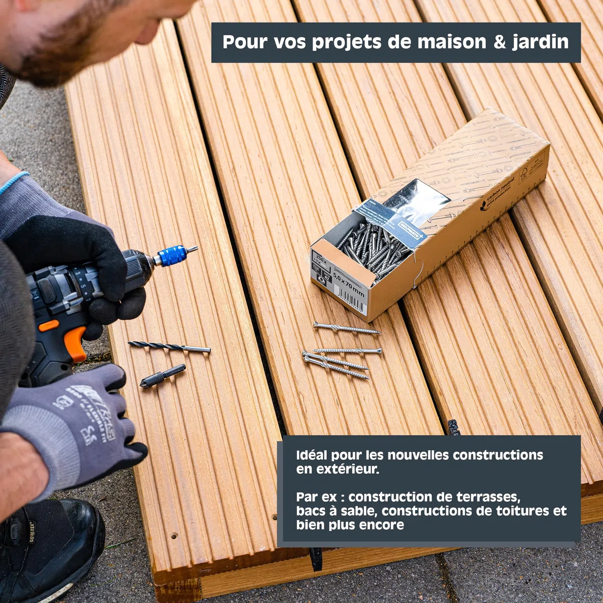 HELPMATE – Vis pour terrasse – 5x50 mm – acier inoxydable A2 – 200 vis pour planches + 2 embouts T25 – Vis pour l'extérieur