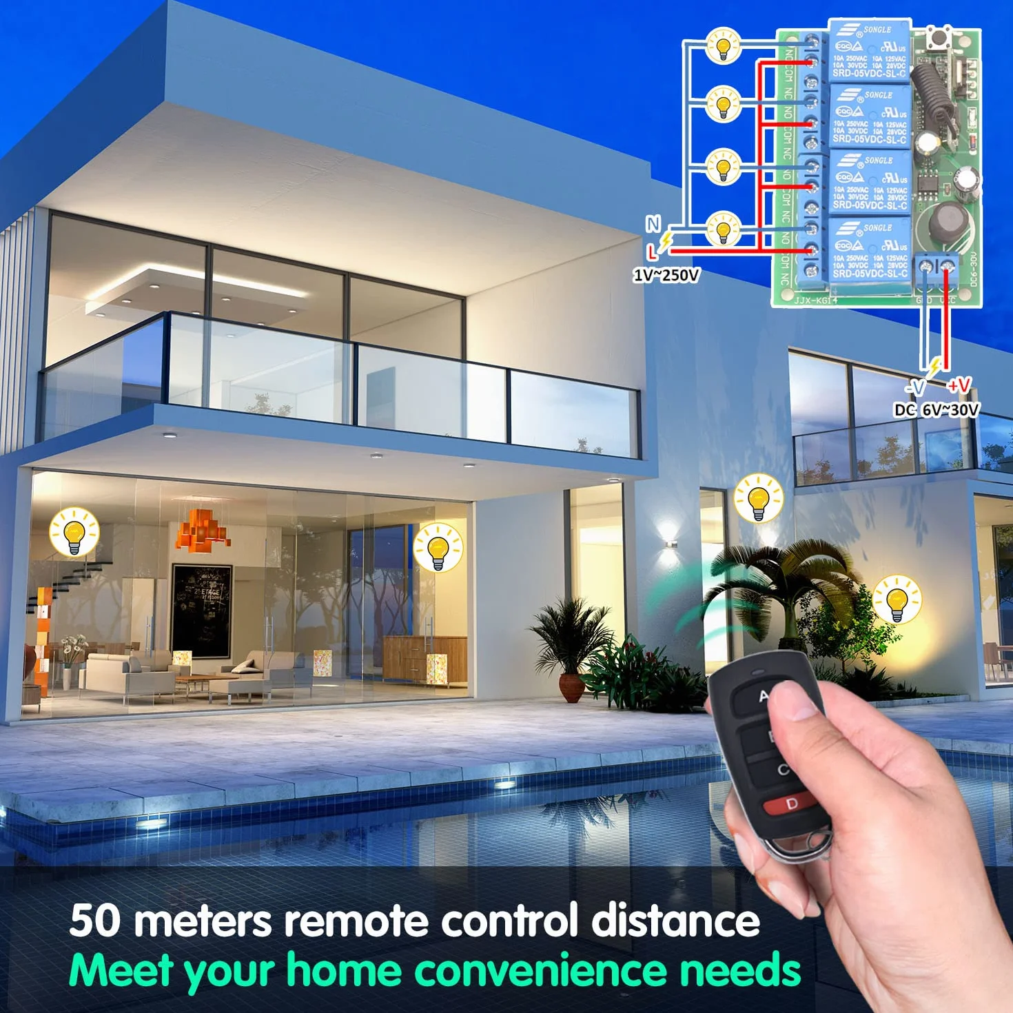 DieseRC Commutateur de télécommande sans fil DC 12V 24V 4CH, récepteur de relais radiofréquence DC 6-30V 10A 4 canaux 433Mhz avec 2 émetteurs RF, pour lumières, porte de garage, moteur, auvent