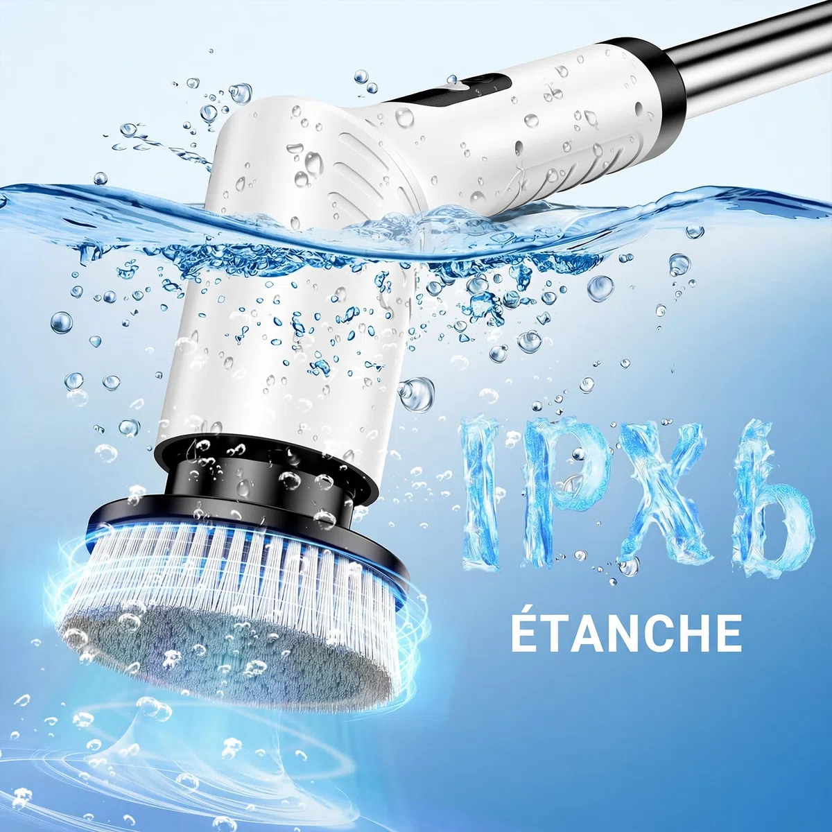 Brosse Nettoyage Electrique avec 9 têtes, Brosse Electrique Nettoyage étanche IPX6, 2 Vitesses Télescopique Brosse Rotative pour Salle de Bain, Cuisine, Sol, Voiture