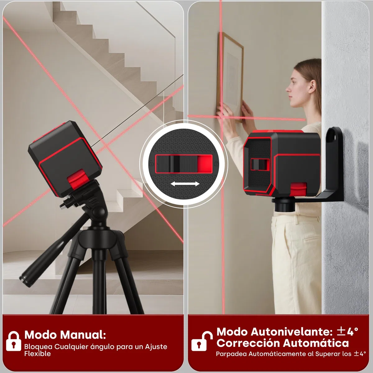 Niveau Laser Autonivelant, 20M Rouge Laser Horizontal/Vertical Lignes, 2 x AA piles, IP54 pour Les Chantiers,Décoration d'intérieur, DIY