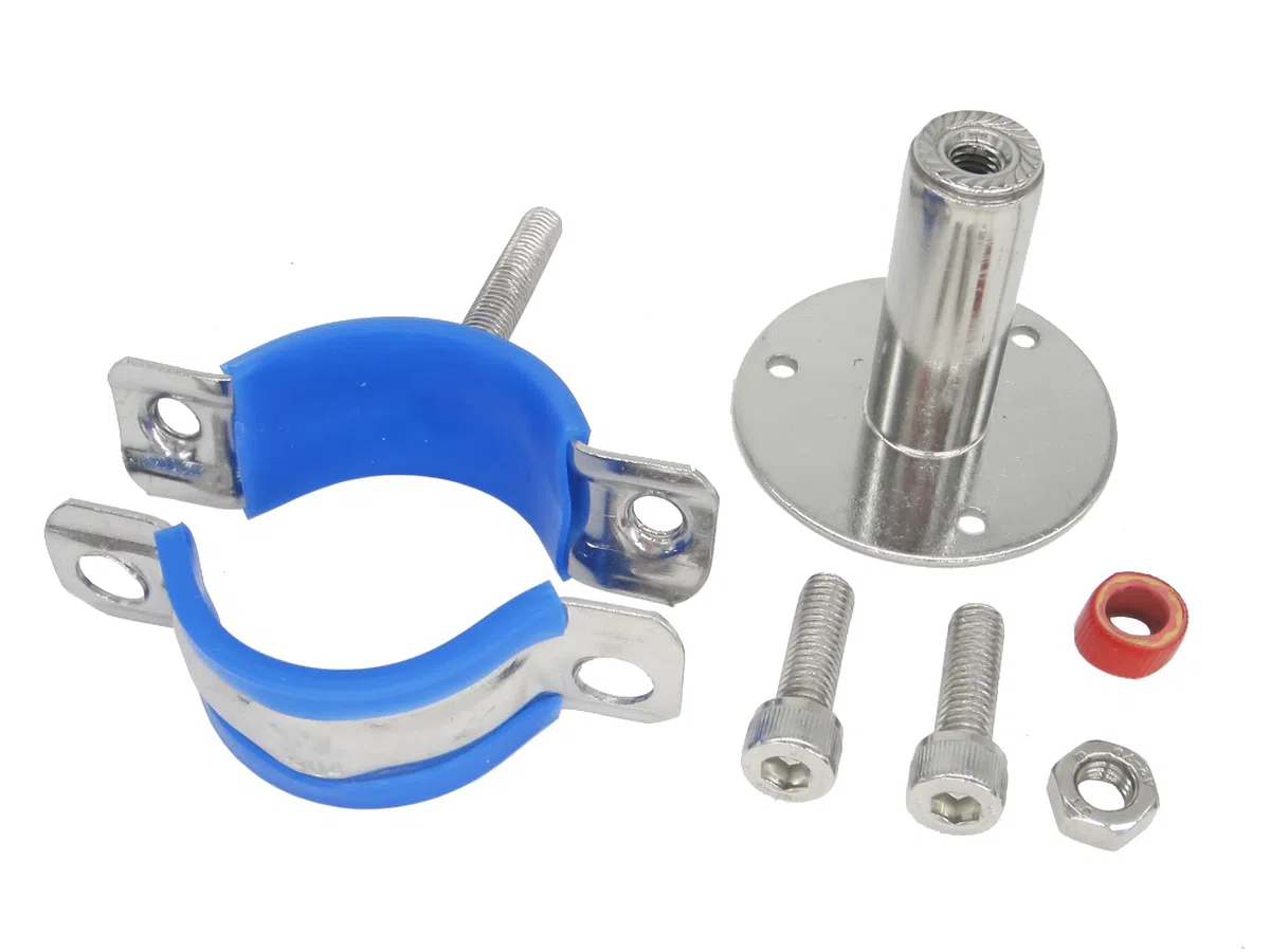 Acier inoxydable - Collier de serrage réglable en hauteur - Montage mural/au plafond pour tubes de 60 mm à 65 mm - Charge lourde - Support de tube inoxydable avec matériel de fixation - Lot de 2