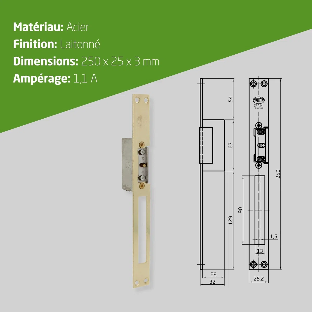 Amig - Gâche électrique encastrable pour contrôle d’accès - Compatible avec pêne demi-tour européen 13 mm - Têtière 250 x 25 mm - Acier laitonné verni - Doré - 8-12 V AC/DC - Mod. 20 avec inhibiteur
