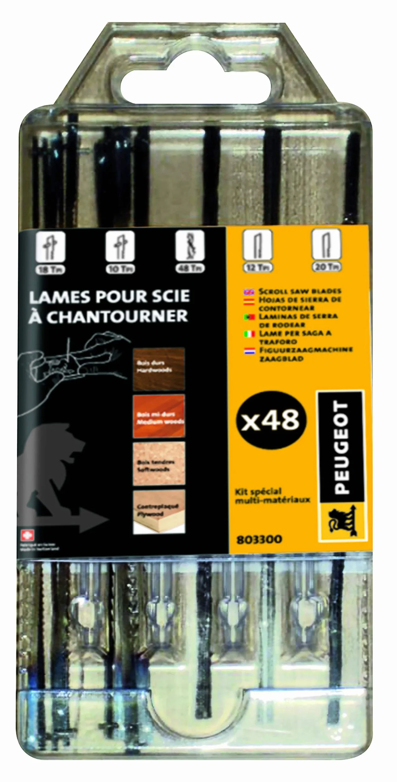 Peugeot Outillage 803300 Kit de 48 scie à chantourner Comprenant Goujons 18tpi et 6 10tpi, Rondes ø 0,88, Embouts Plats universelles 12tpi et 12 Lames 20tpi
