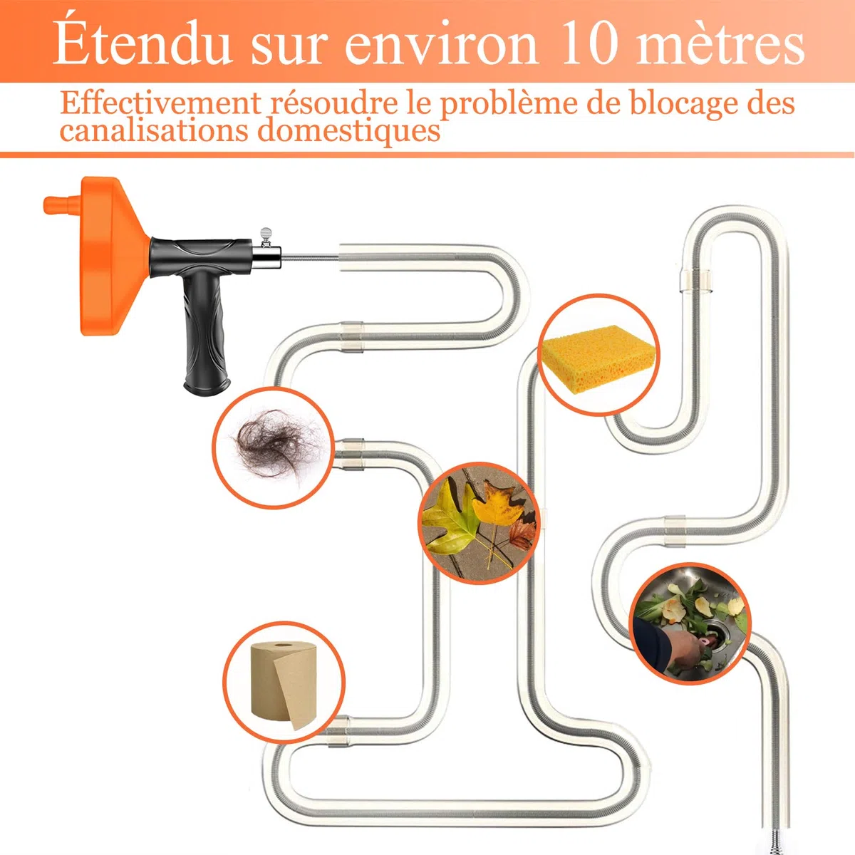 Furet Déboucheur Canalisation [10M]—Convient pour les tuyaux, les cuisines, les salles de bains, les cabines de douche, les toilettes et le débouchage des tuyaux bouchés.Lot de 5-Spirale de nettoyage