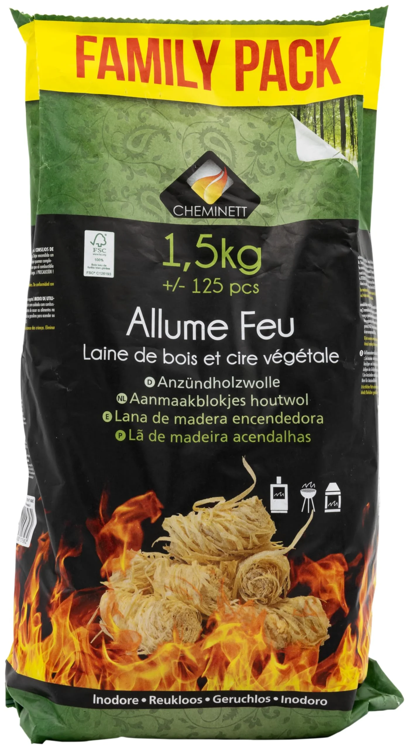 Allume Feu Laine de Bois 1,5 kg 125 Pièces Cire Végétale Bois Certifié FSC Temps Combustion 8-10 min