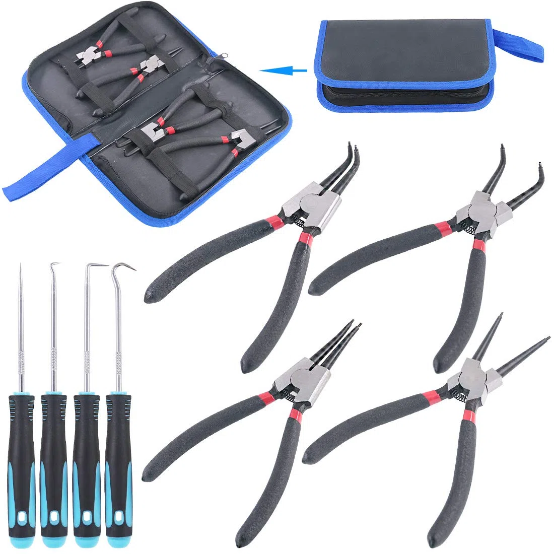 Glarks Lot de 4 pinces à circlips internes/externes de 17,8 cm pinces à circlips avec lot de 4 crochets de précision pour démontage de circlips, retenue et démontage de tuyaux, joints