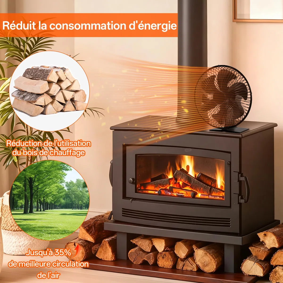 JossaColar Ventilateur de Poêle Ventilateur de Cheminée avec Grille de Protection | ventilateur de poele à 6 pales | Socle réglable, adapté aux cheminées et aux tuyaux de poêle