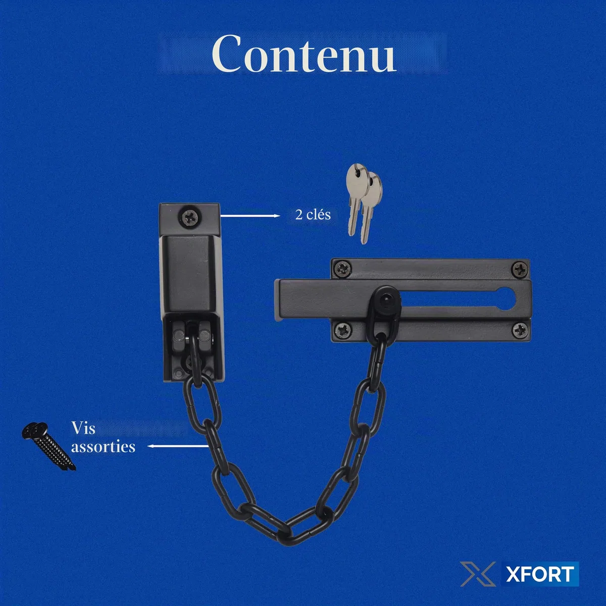 Chaîne de verrouillage de porte XFORT en laiton poli, chaîne de sécurité pour porte avant avec mécanisme de déverrouillage par clé externe.