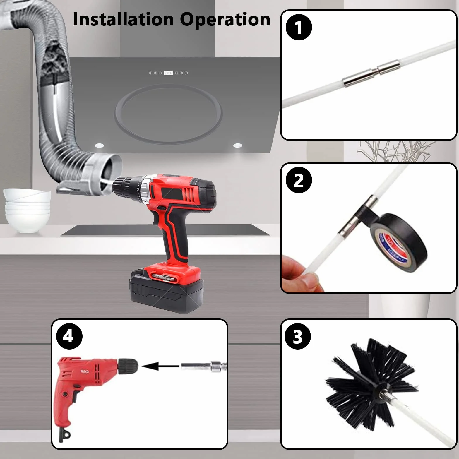 Kit de Ramonage, Brosse Nettoyage Cheminée Ø200mm Outil Nettoyage pour Cheminées avec 15 Tiges Flexibles de 410 mm et 2 TêTes de Brosse pour Cheminée évent de Sécheuse Tuyau d'égout poêle à Bois